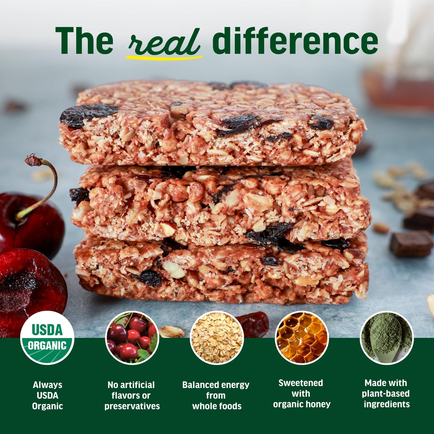 Kate’s Real Food Organic Granola Bars - Dark Chocolate Cherry & Almond (2.2 oz, Pack of 12) - Organic Energy Bars Made with Gluten Free Oats - Non