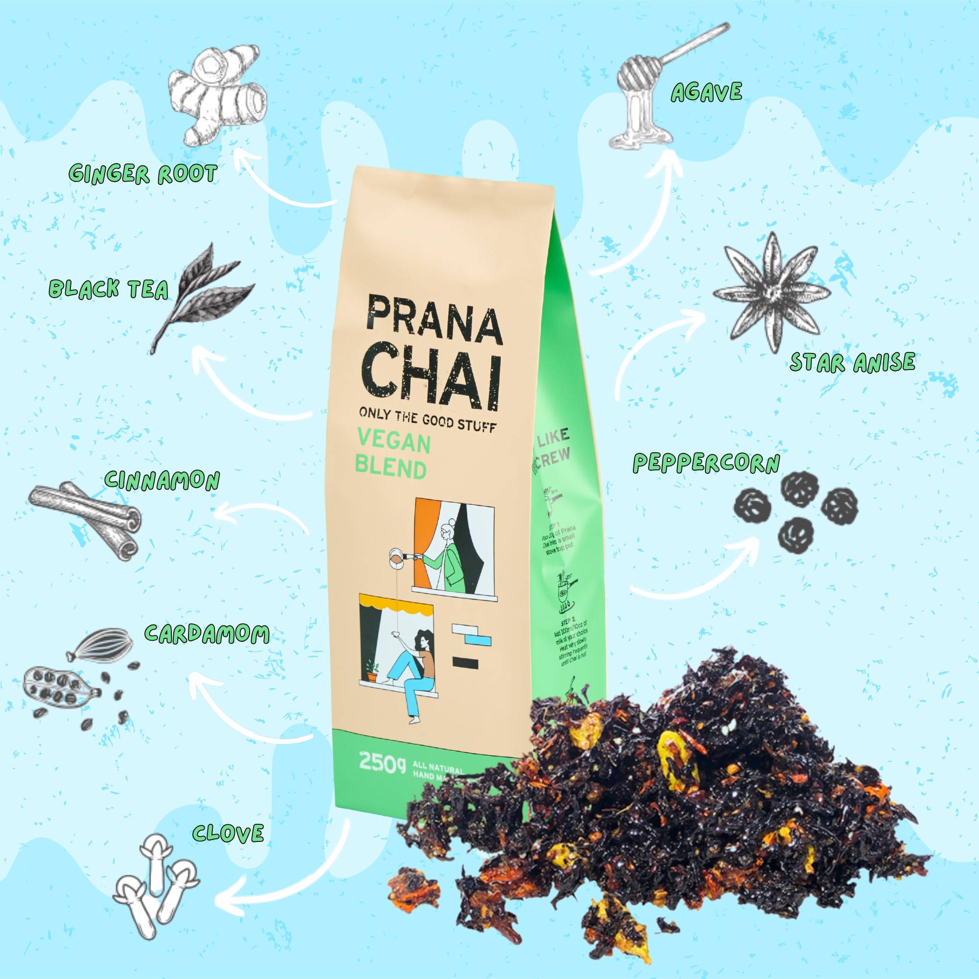 Prana Chai Sugar Free Chai Tea Agave Blend - Vegan Friendly Hand-Blended Natural Australian Loose Leaves, All-Natural Chai -250g