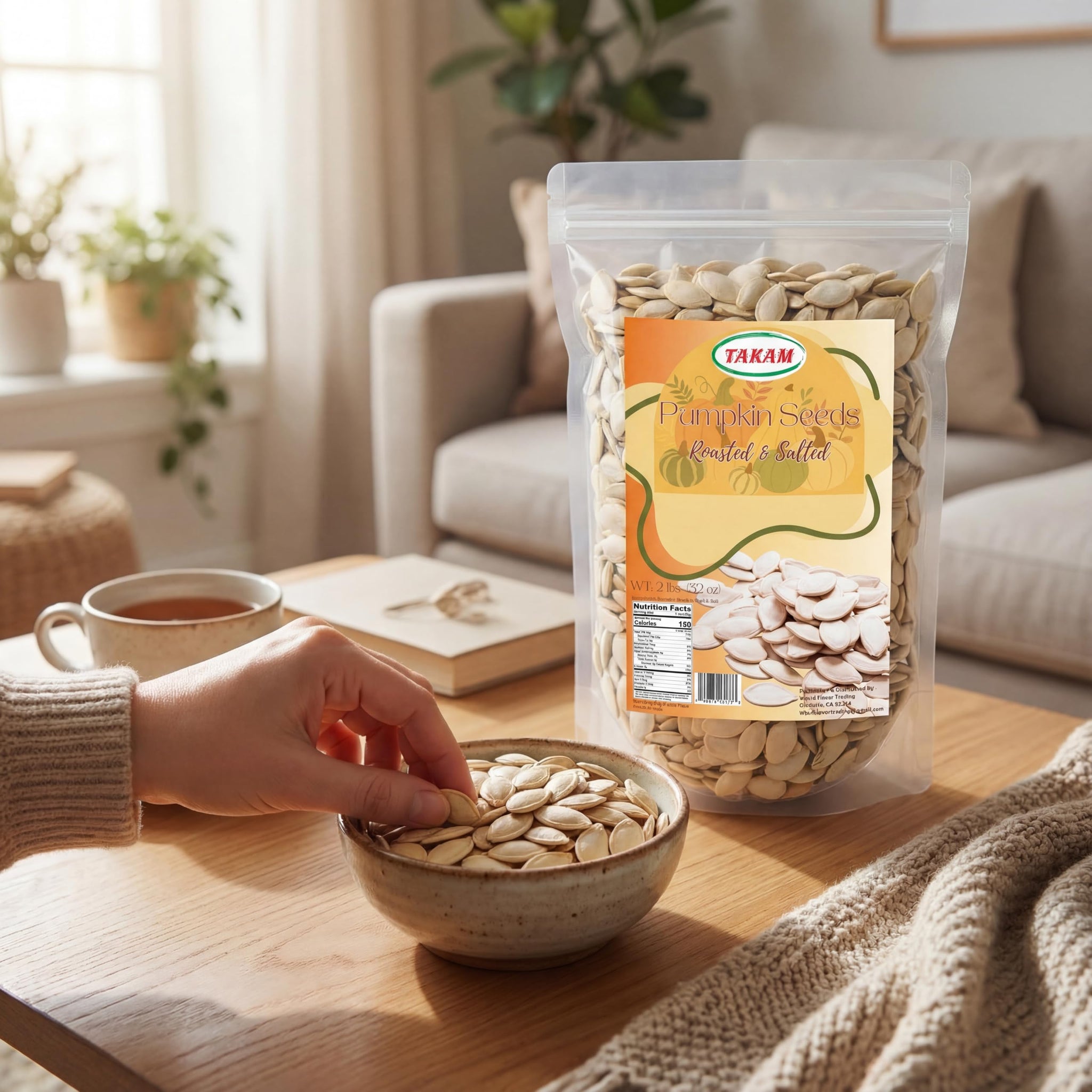 TAKAM Roasted & Salted Pumpkin Seeds (In Shell), Jumbo Size, Product of Jordan, 2 lbs (32 oz) Resealable Bag