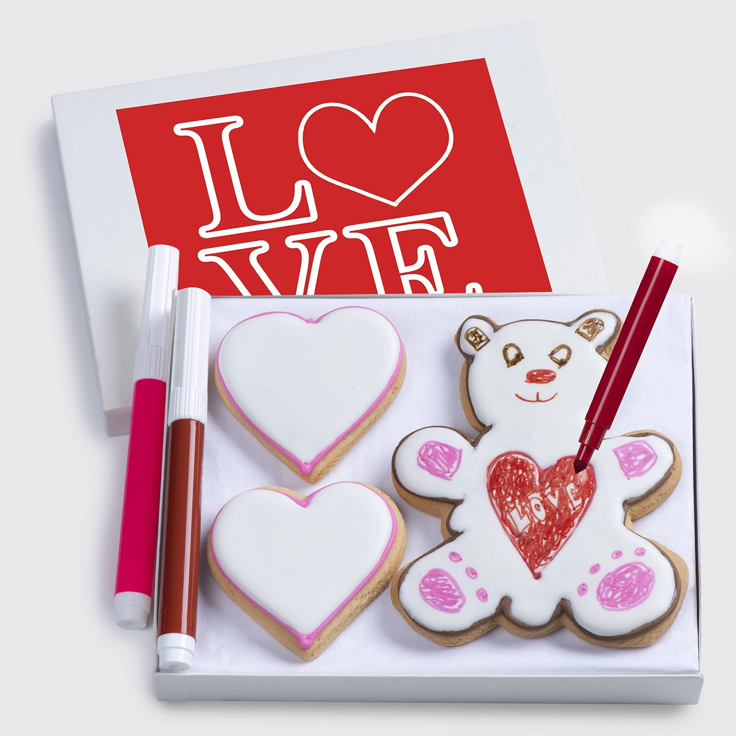 Valentines Day Cookies Gift Basket Decorating Kit With Edible Markers, Gourmet Food Gifts Set, Unique Fun Treat For Kids Valentines Gifts, 3 Count