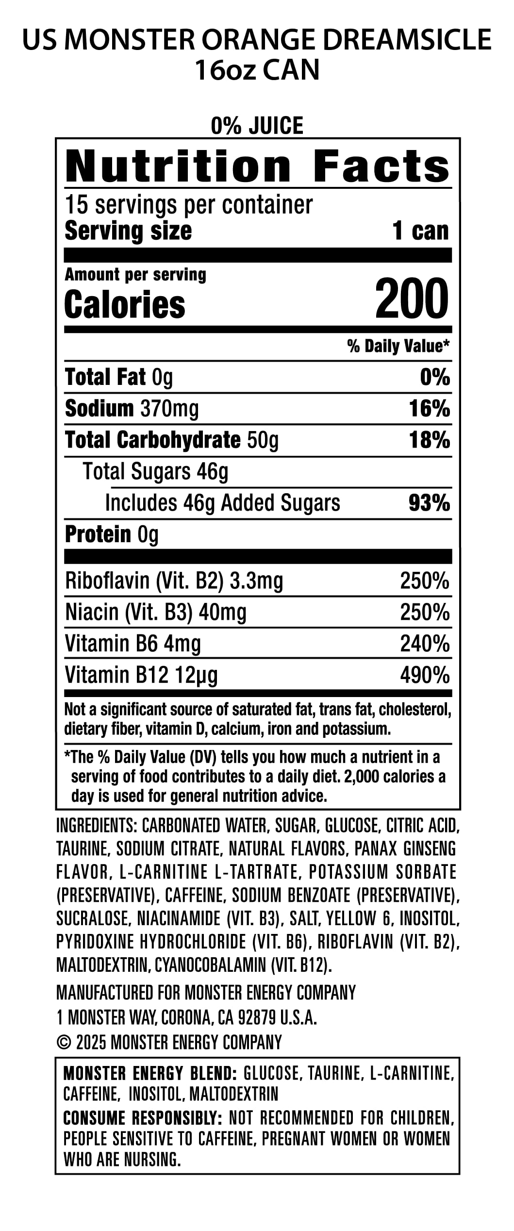 Monster Energy Orange Dreamsicle, Energy Drink, 16 Ounce (Pack of 15)