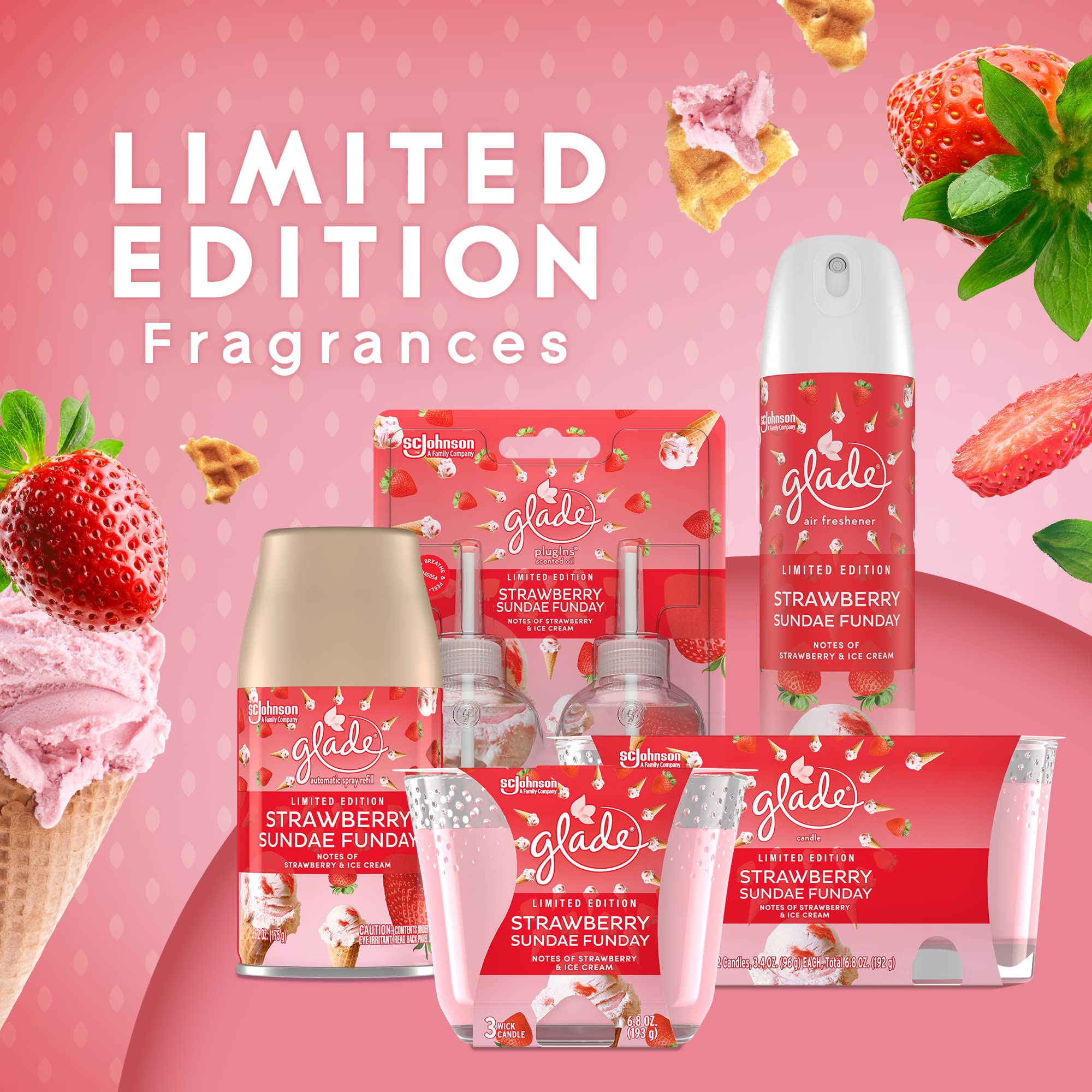 Glade PlugIns Refills Air Freshener, Scented and Essential Oils for Home and Bathroom, Strawberry Sundae Funday, 1.34 Oz, 2 Count