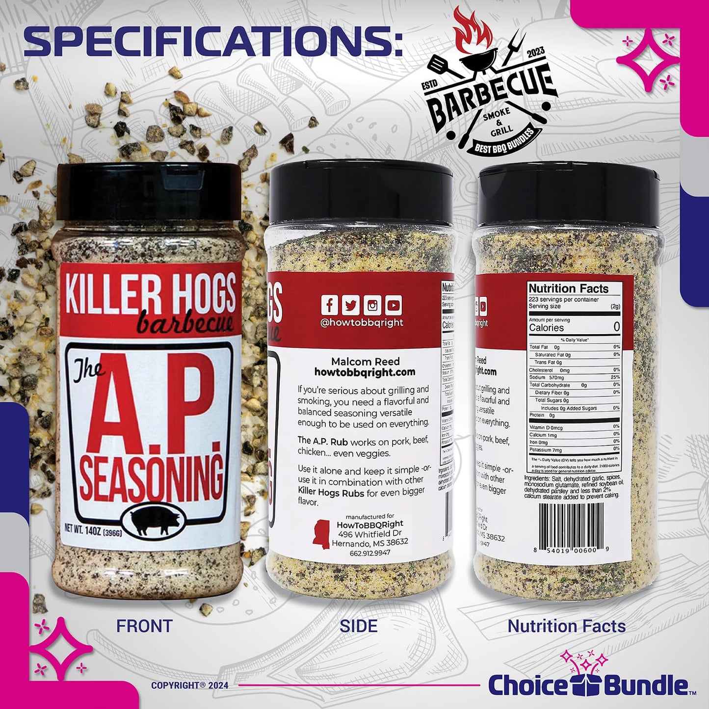 Killer Hogs AP Seasoning All Purpose Premium Barbecue Rub 3 pk (42 oz) + BBQ Guide & Bottle Opener (5 Items)!