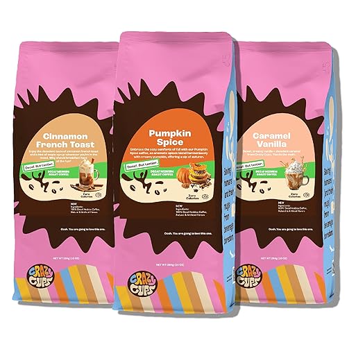 Crazy Cups Decaf Flavored Ground Coffee Variety Pack, Includes Cinnamon French Toast, Caramel Vanilla and Pumpkin Spice, in 10 oz Bags, For Brewing
