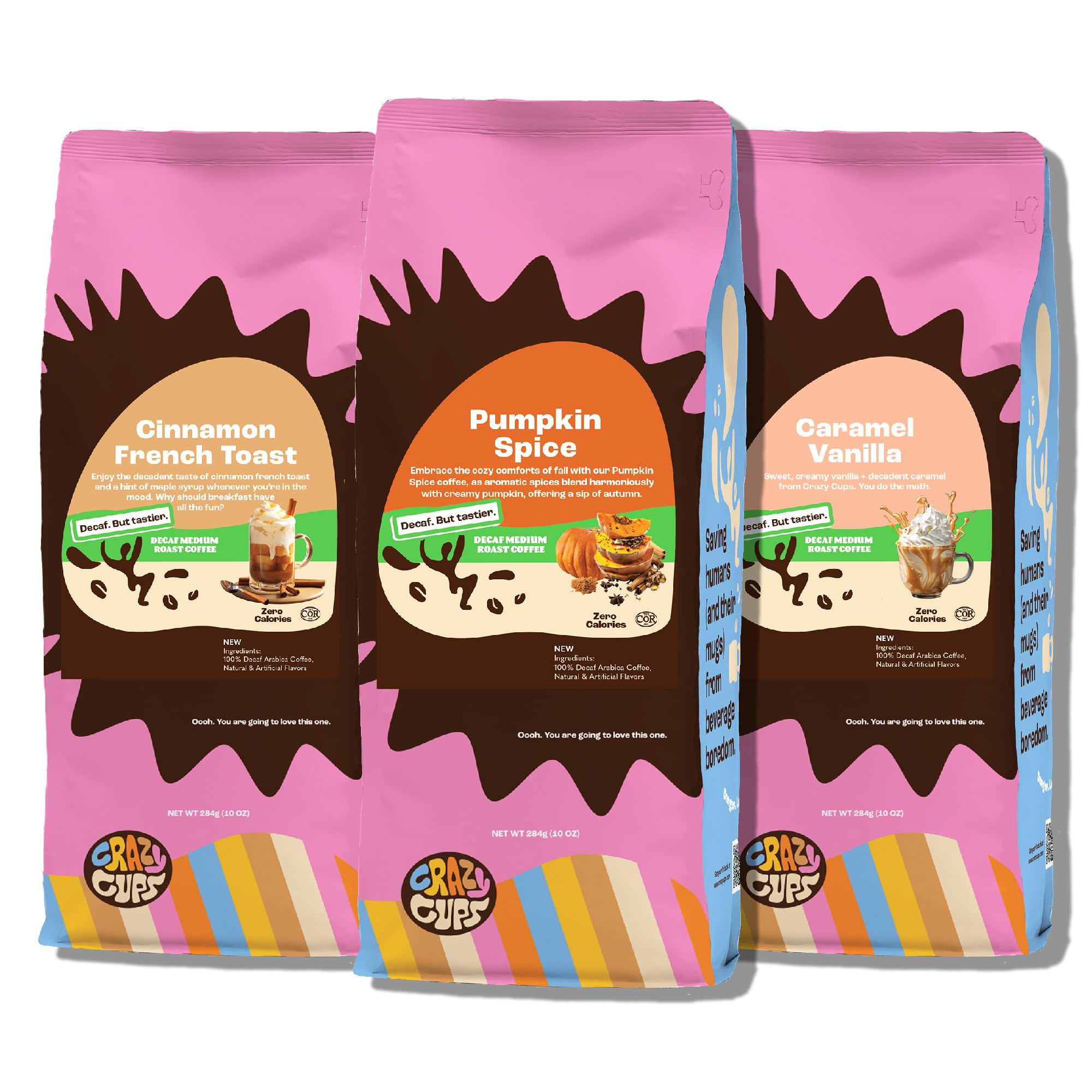Crazy Cups Decaf Flavored Ground Coffee Variety Pack, Includes Cinnamon French Toast, Caramel Vanilla and Pumpkin Spice, in 10 oz Bags, For Brewing