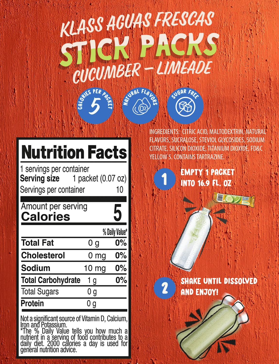 Klass Aguas Frescas, Powdered Drink Mix, 40 Singles Zero Sugar & Caffeine-Free Powder Packets, Water Drink Mix, Flavor: Cucumber Limeade - 5 Calories