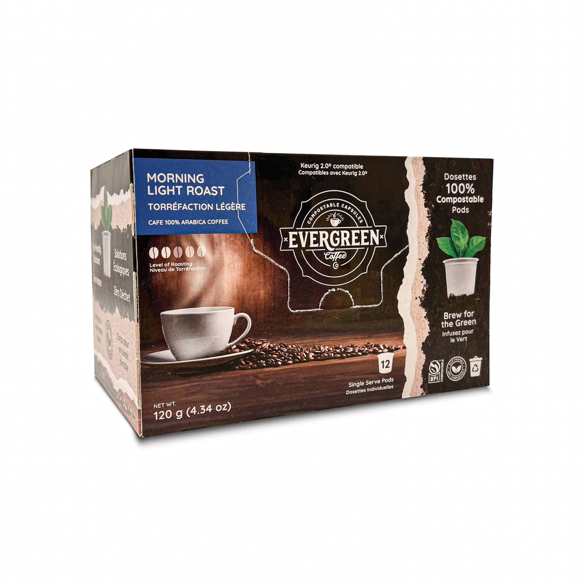 Evergreen Compostable Single Serve Coffee Pods - Light Roast Morning Blend - 100% Arabica Beans (72 Count)