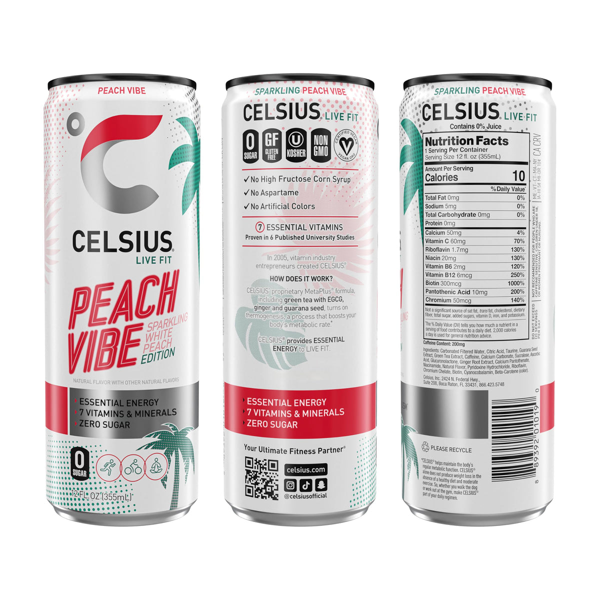CELSIUS Sparkling Peach Vibe, Functional Essential Energy Drink 12 Fl Oz (Pack of 4)