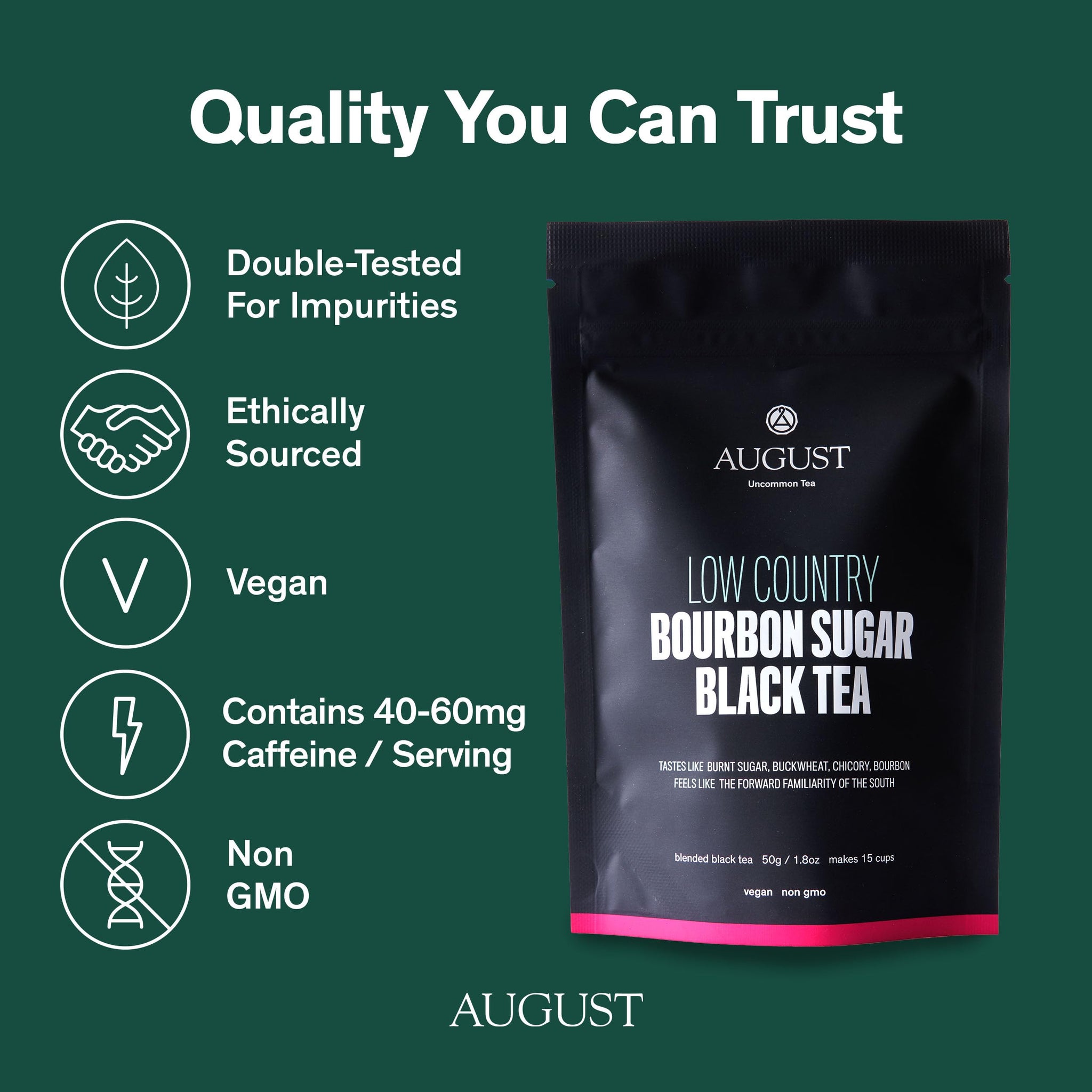 August Uncommon Low Country Bourbon Sugar Black Tea - Vegan, Non-GMO Loose Tea Leaves - Wild Flavor - 1.75oz Resealable Pouch