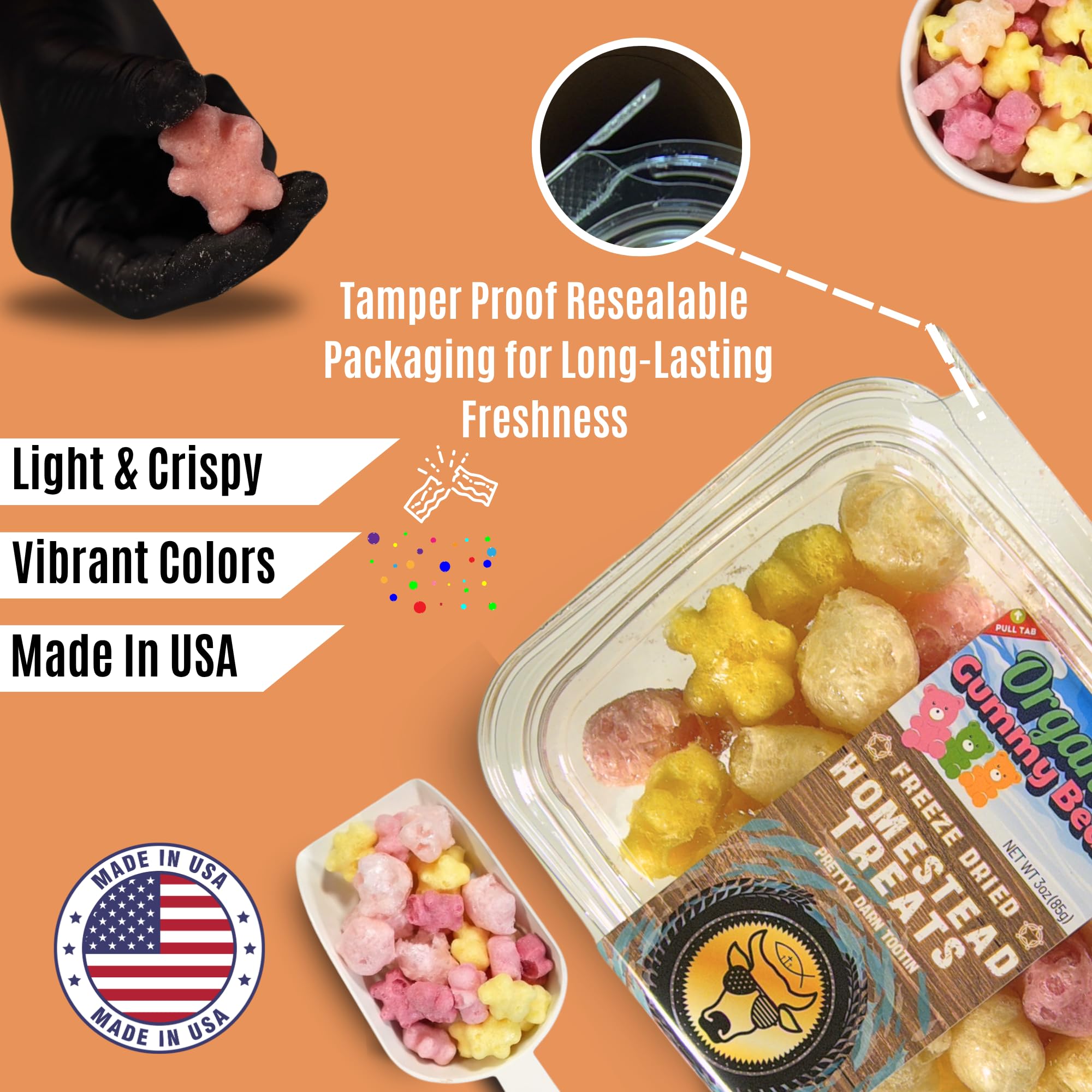 Homestead Treats Freeze-Dried Organic Candy Bears - Sweet, Light & Crispy Gummy Bears - Non-GMO, Gluten-Free, No Artificial Flavors - Perfect