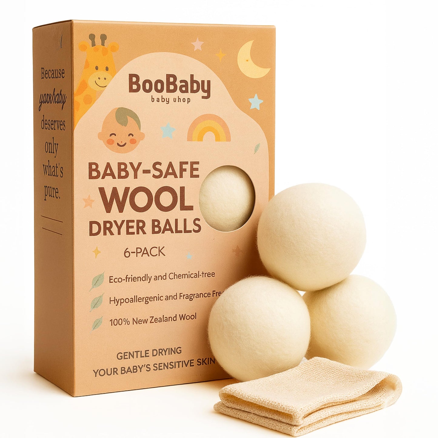 Wool Dryer Balls for Baby - XL 6-Pack with Mesh Bag - Baby Safe, Hypoallergenic, 100% New Zealand Wool - Chemical-Free Fabric Softener for Baby