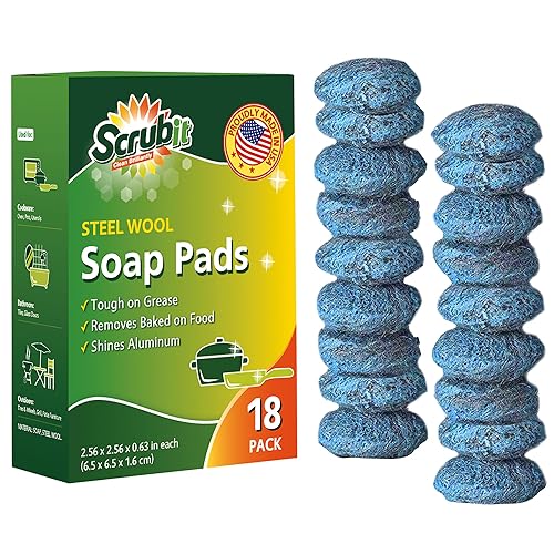 18 Pack Steel Wool Soap Pads by SCRUBIT - Metal Scouring Cooktop Cleaning Pads Used for Dishes, Pots, Pans, and Ovens - Pre-Soaped for Easy Cleaning