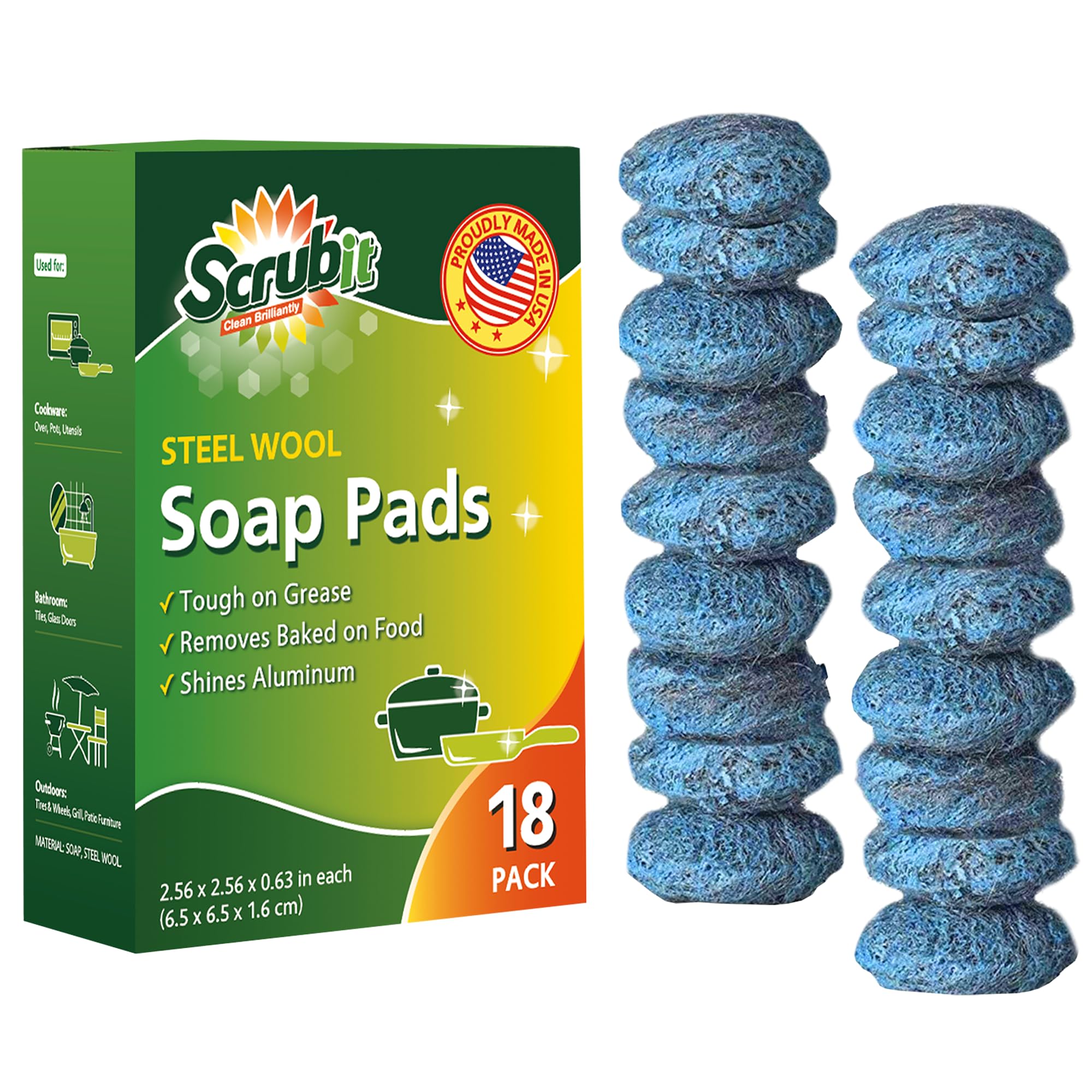 18 Pack Steel Wool Soap Pads by SCRUBIT - Metal Scouring Cooktop Cleaning Pads Used for Dishes, Pots, Pans, and Ovens - Pre-Soaped for Easy Cleaning