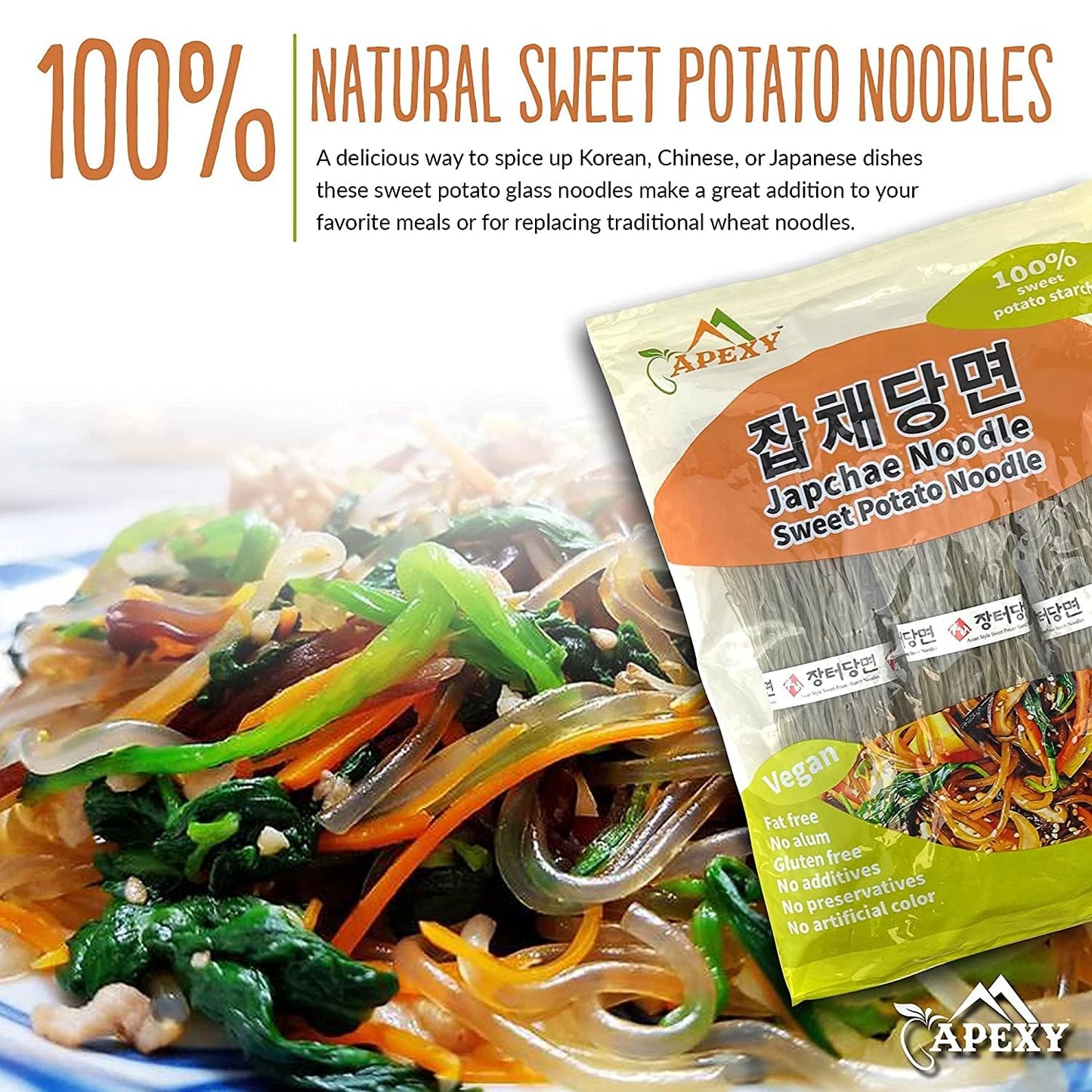 APEXY Sweet Potato Glass Noodles, Japchae Noodles, Korean Vermicelli Pasta, Fat-free and Gluten-free, 100% Sweet Potato Starch, No Additive, No Alum