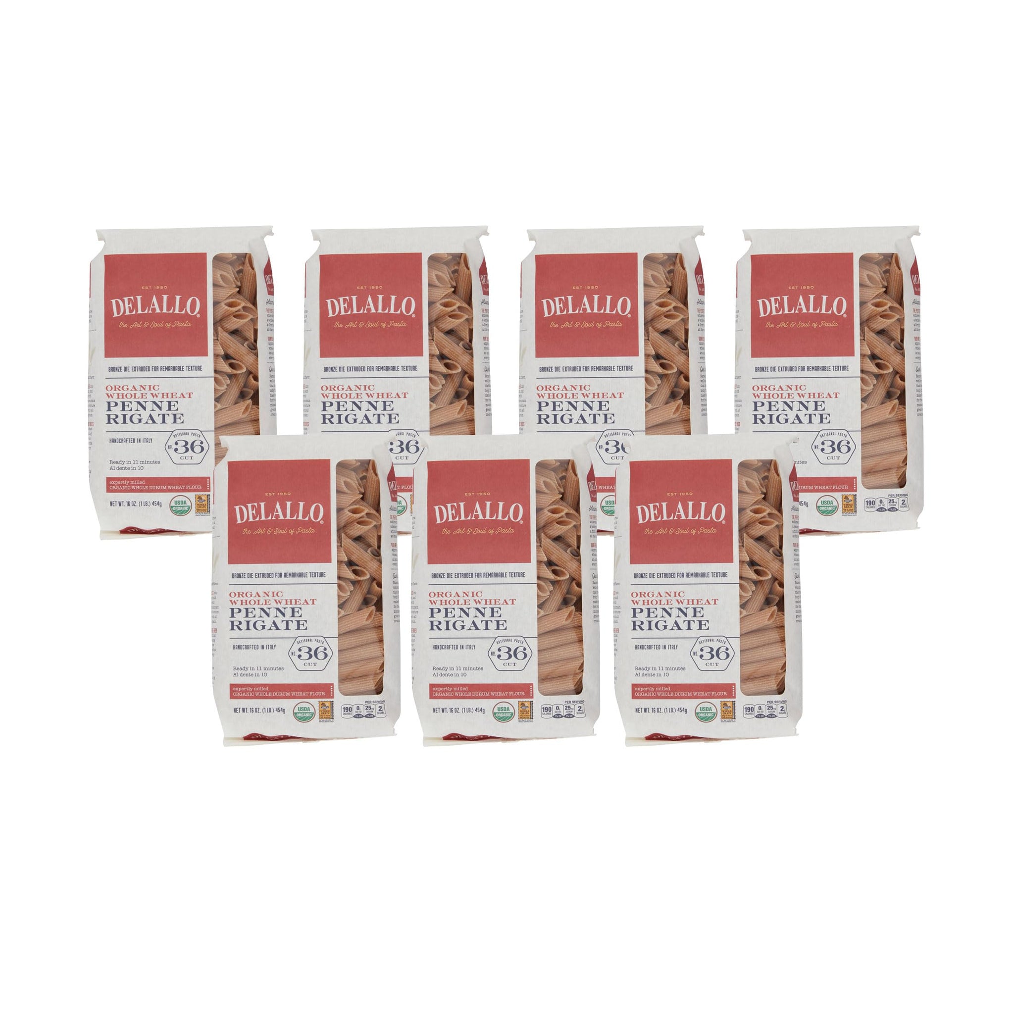 DeLallo Whole Wheat Penne Pasta, 1 Pound Bag, (7 Pack), 100% Certified Organic, Made in Italy, Whole Grain, Bronze Cut, Made with Only Durum Wheat