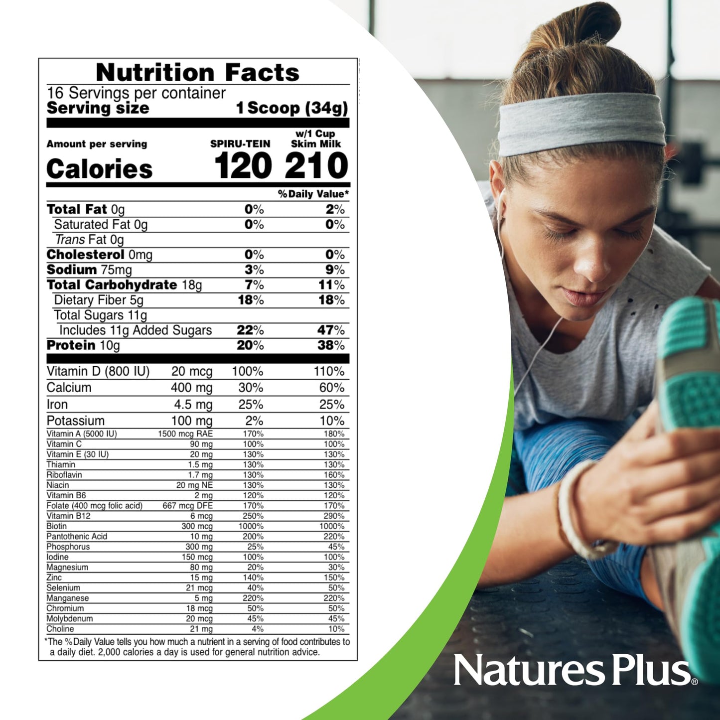 NaturesPlus SPIRU-TEIN Plus, Vanilla - 1.20 lb - Plant-Based Protein Powder with D3, Biotin for Adults 50+ - Vitamins & Minerals for Energy