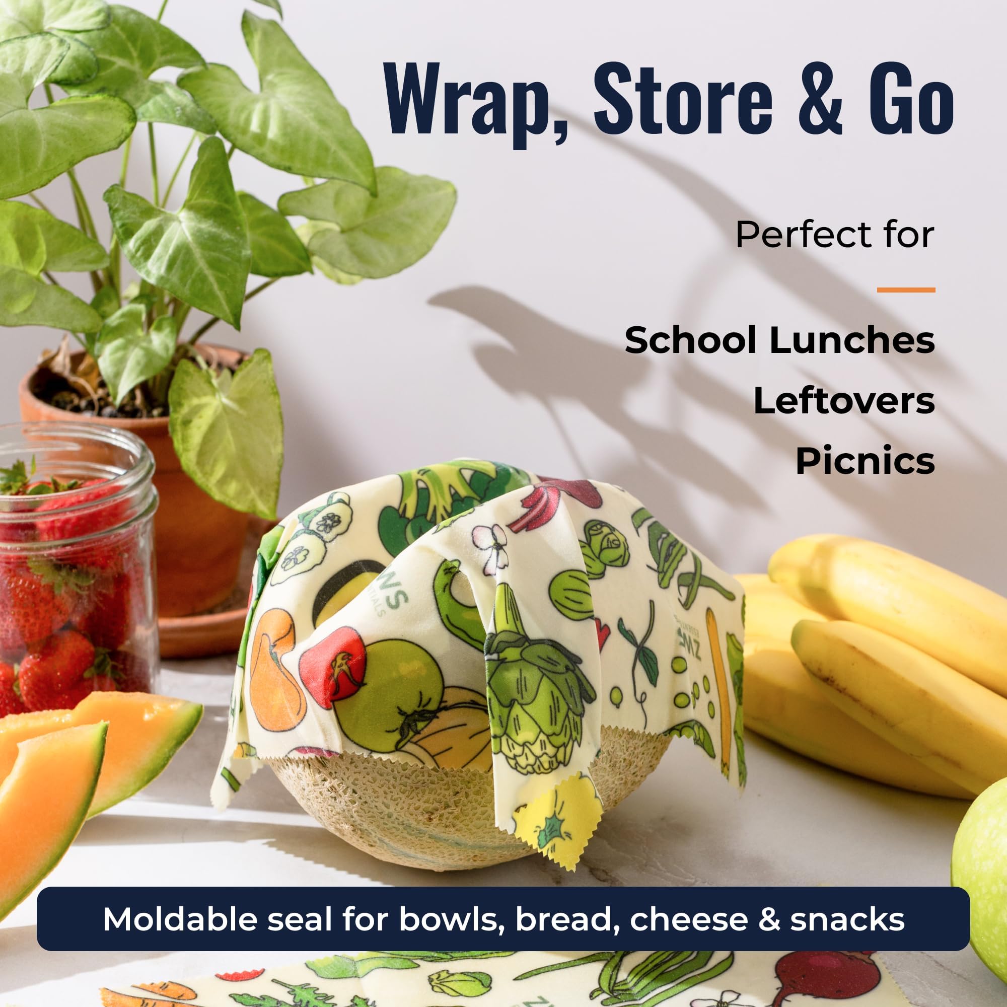 ZWS Essentials Beeswax Wraps, Reusable Cotton Food Storage Set for Kitchen, Lunch, Bread, Snacks, Bowls. Eco-Friendly Plastic-Free Alternative. 3-Pack