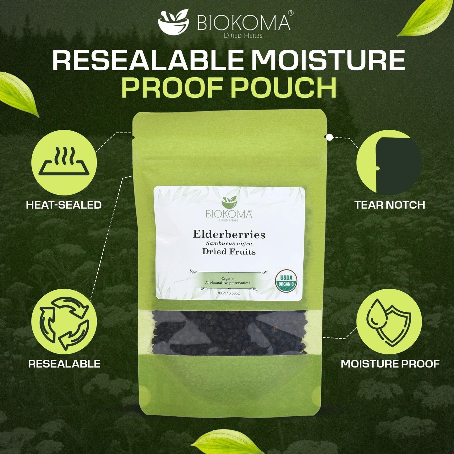 Biokoma Organic Elderberries Dried Fruits 100g (3.55oz) Immunity Digestion Boost Resealable Moisture Proof Pouch USDA Certified Organic Herbal Tea No