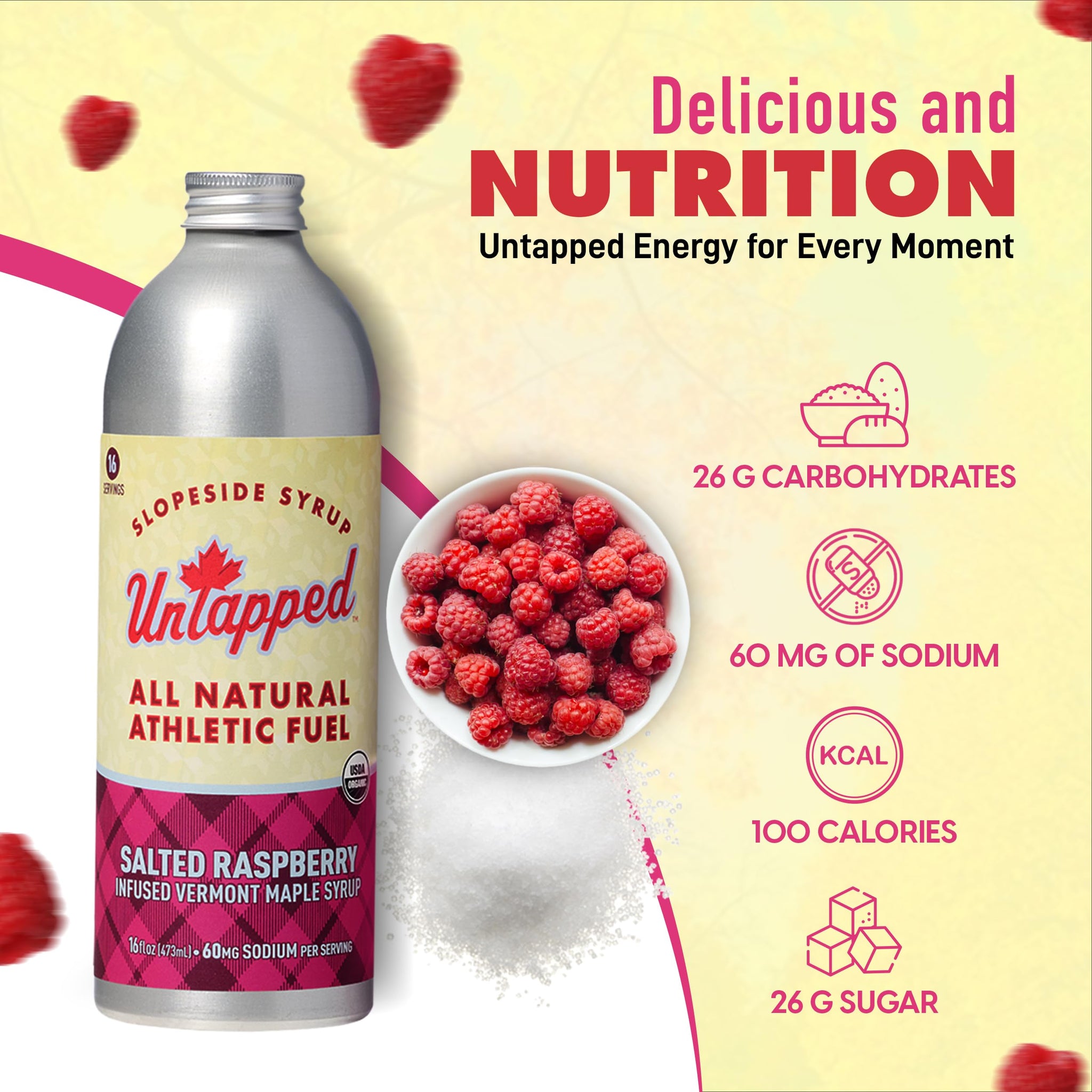 UnTapped Salted Raspberry Bulk Bottle - 16 Servings | 16 Fl Oz Aluminum Bottle | Pure Vermont Maple Syrup with Organic Raspberry Juice and Sea Salt