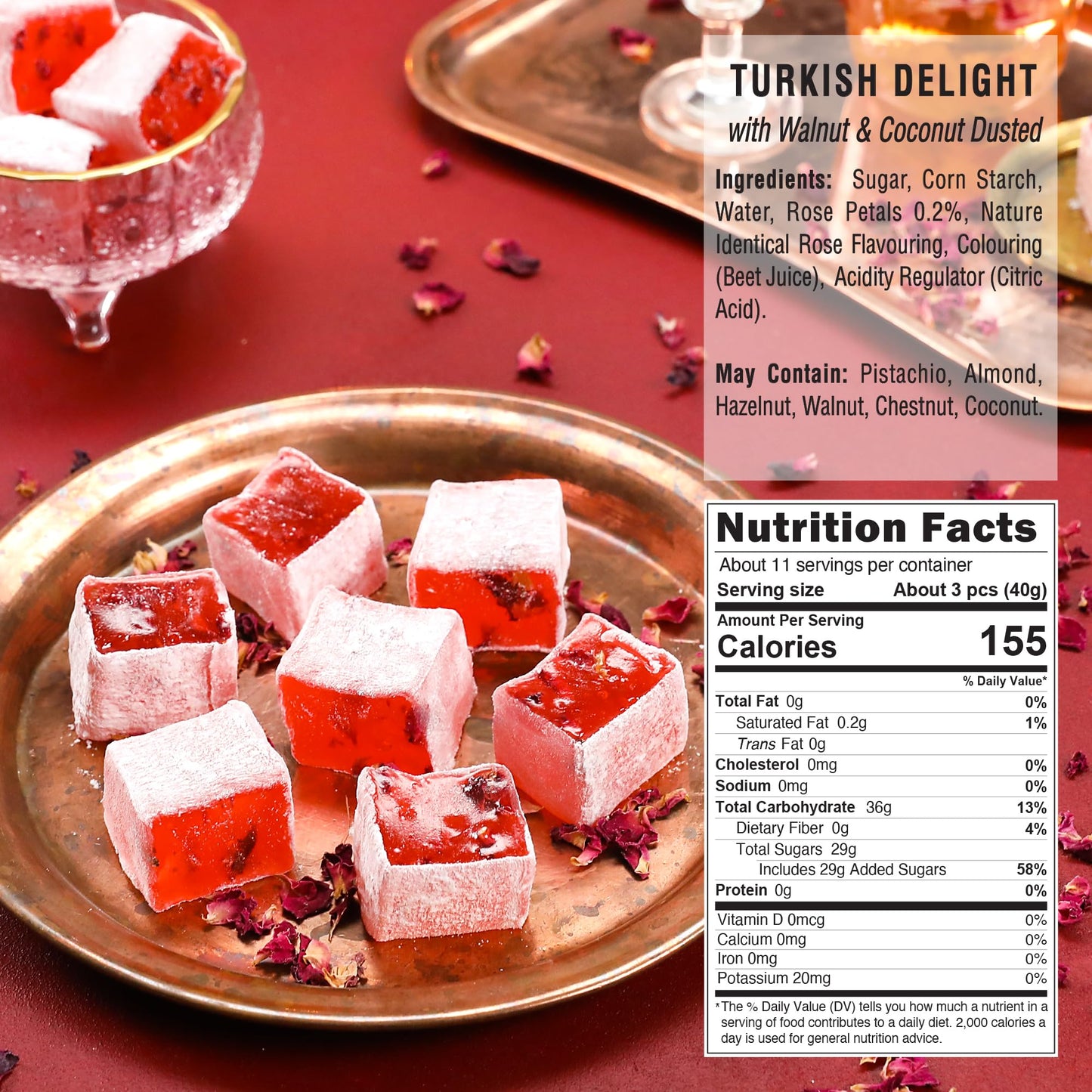 Hazer Baba Turkish Delight Candy with Rose Petals, 16oz (Pack of 1), Gourmet Snack Box, Traditional, Vegan Snack, Turkish Lokum, Unique Sweets