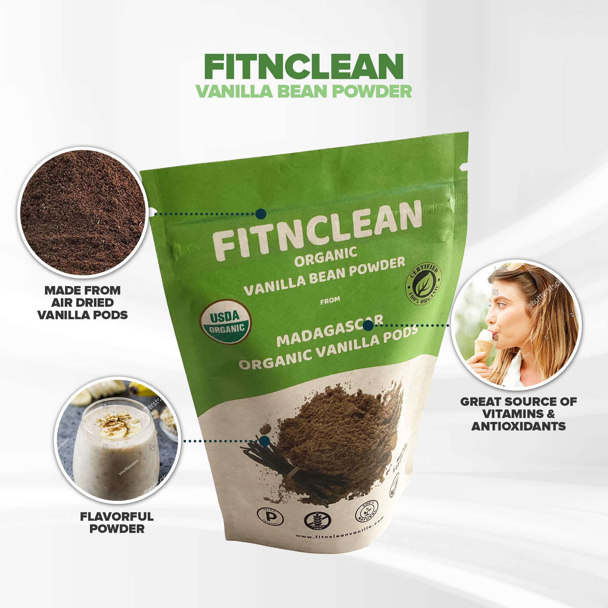 1oz Organic Madagascar Vanilla Bean Powder. Certified USDA Organic. Ground whole Gourmet Pods by FITNCLEAN VANILLA| Raw Natural Unsweetened No