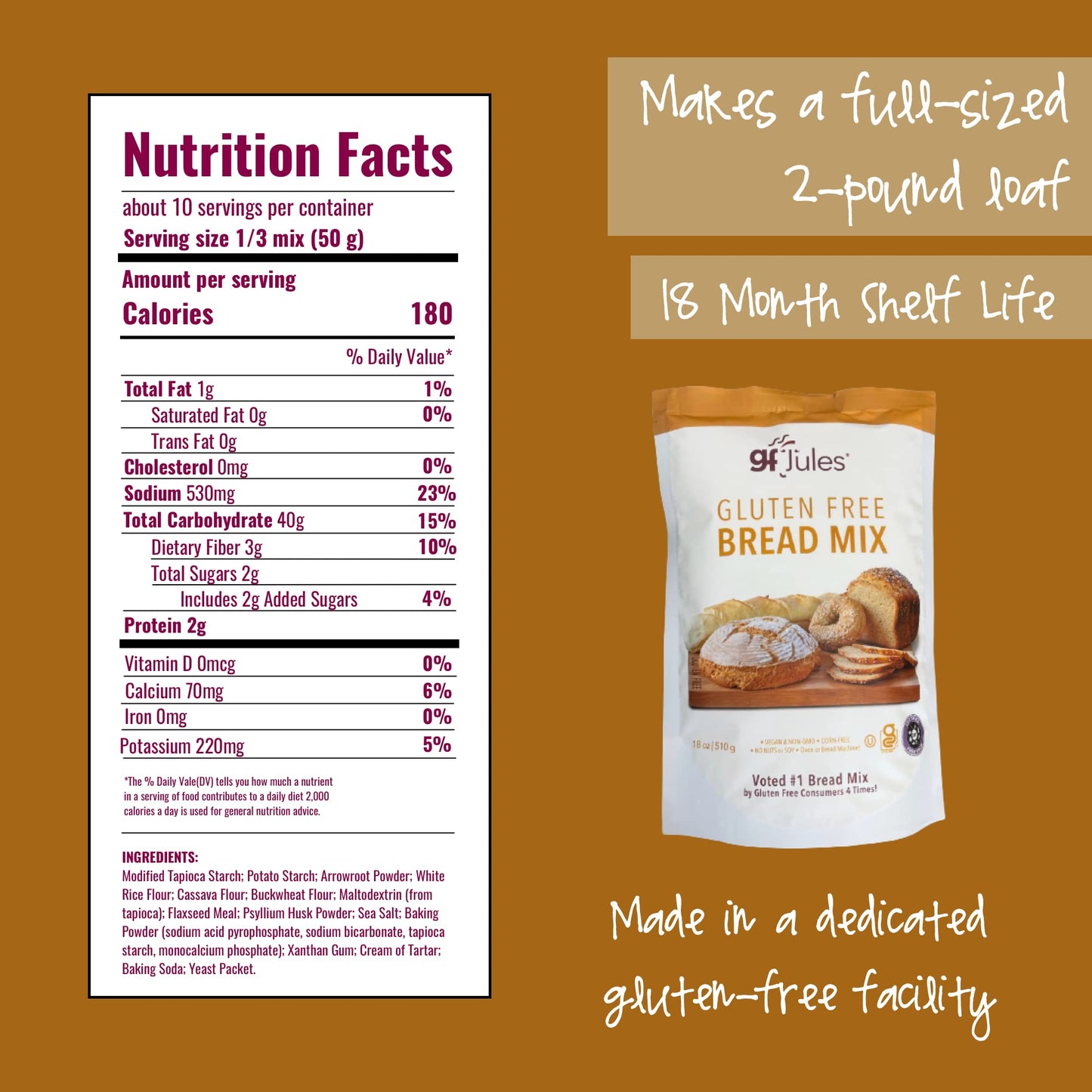 gfJules Certified Gluten Free Bread Baking Mix | Loaf, Baguettes, Bagels, Focaccia and more | No Grit, Non-GMO, Vegan | Certified Top 9 Allergen-Free & Kosher | 18 Ounces