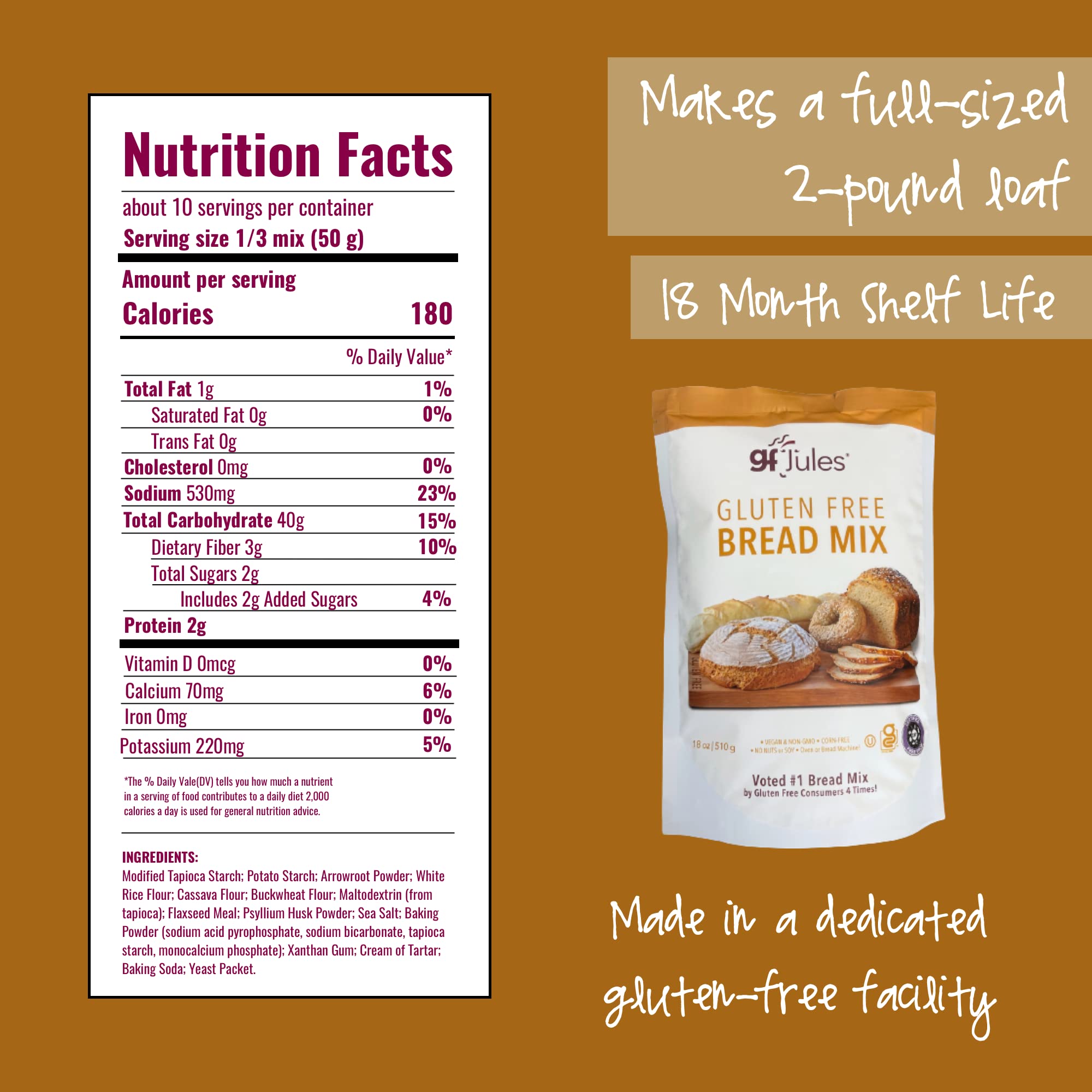 gfJules Certified Gluten Free Bread Baking Mix | Loaf, Baguettes, Bagels, Focaccia and more | No Grit, Non-GMO, Vegan | Certified Top 9 Allergen-Free & Kosher | 18 Ounces