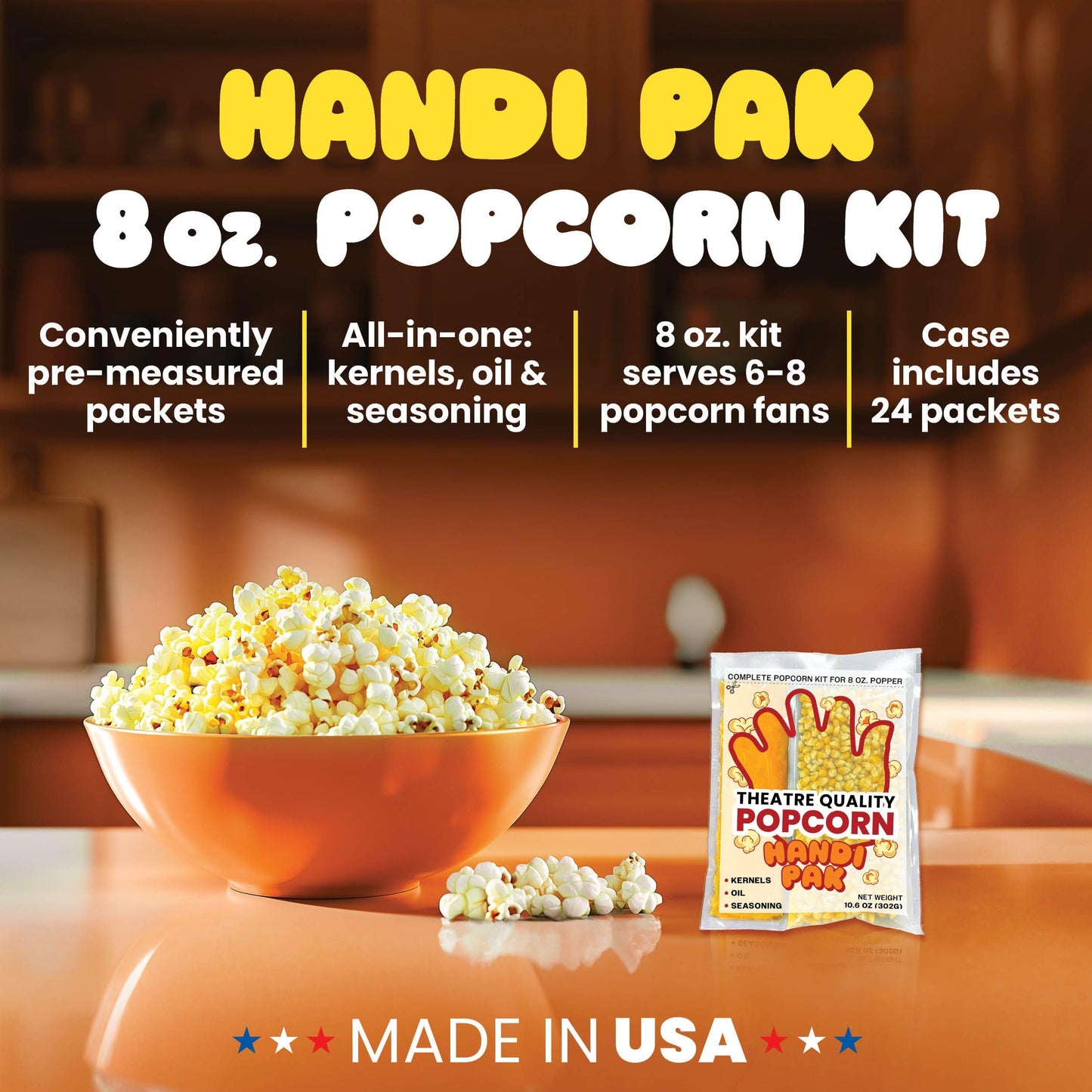 Handi-Pak Gourmet Popcorn Kit, 24 Pre-Portioned Packs for 8 oz Poppers, Popcorn Machine, Movie Theater Style, Butter Coconut Oil, Packet with Kernels