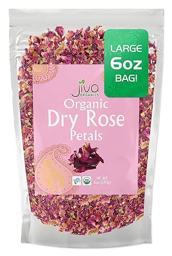 Jiva USDA Organic Dried Red Rose Petals 6 Oz (170g) Large Bag - Food Grade, Edible Flowers - Use in Tea, Baking, Making Rose Water, Crafting, Wedding