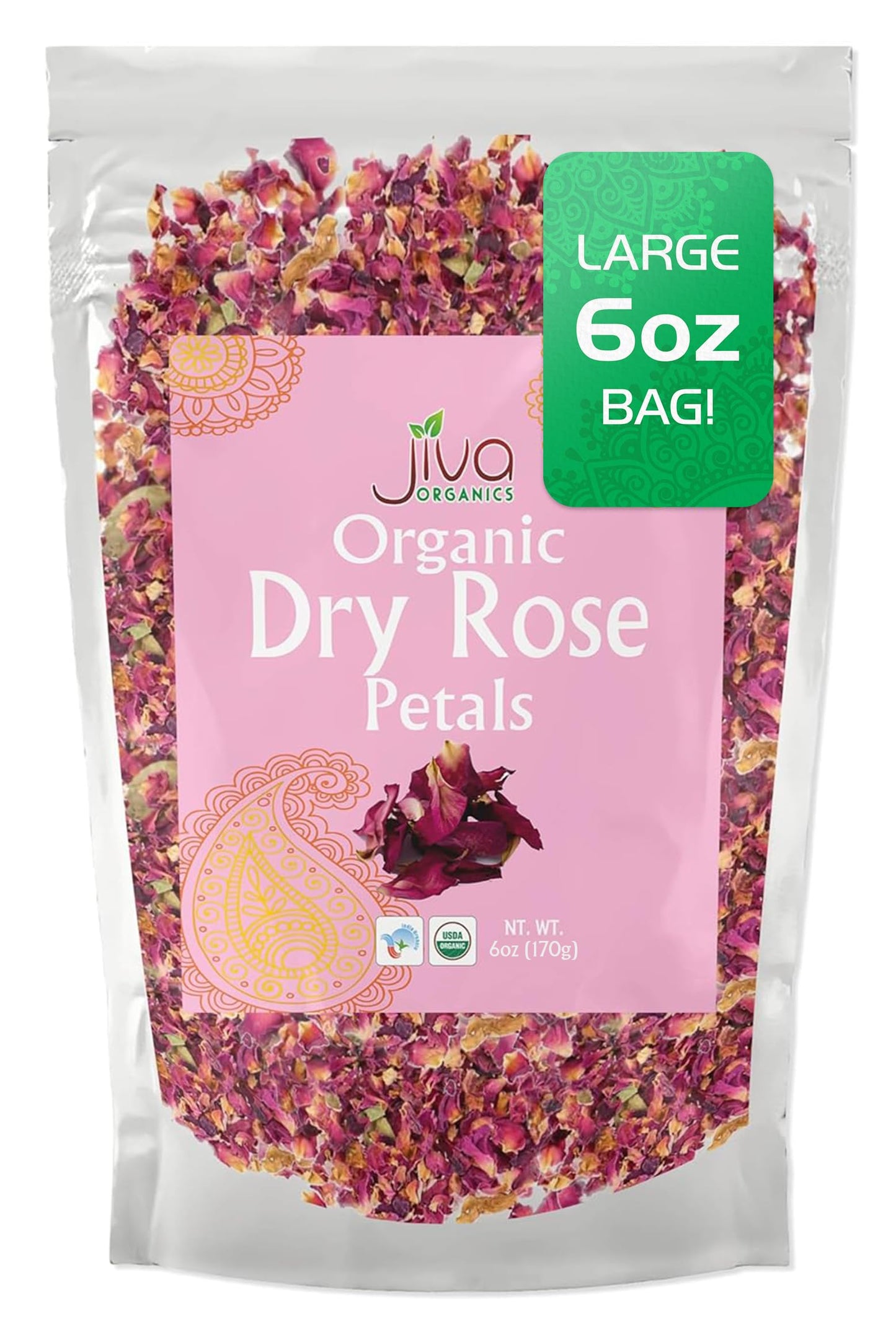 Jiva USDA Organic Dried Red Rose Petals 6 Oz (170g) Large Bag - Food Grade, Edible Flowers - Use in Tea, Baking, Making Rose Water, Crafting, Wedding