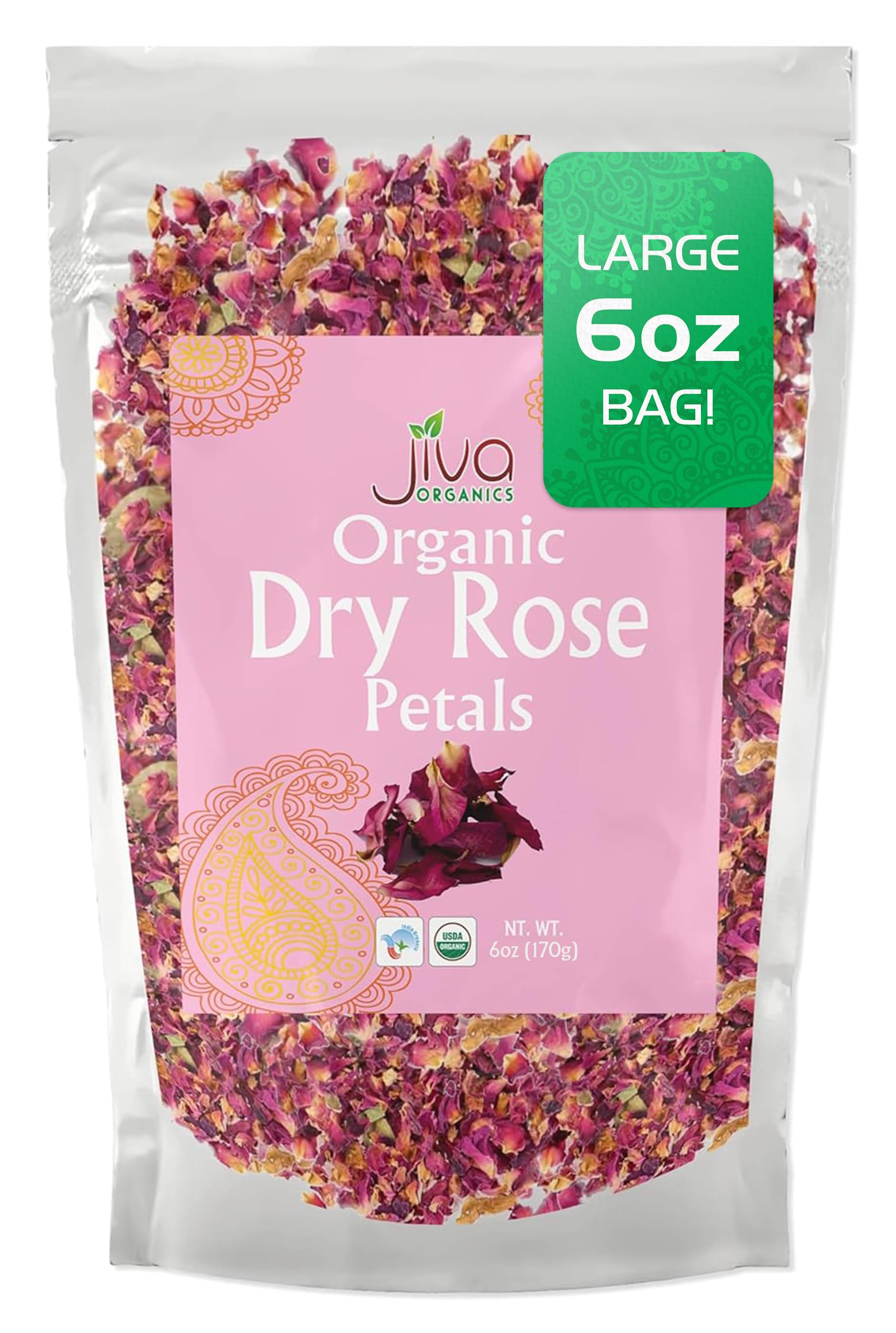Jiva USDA Organic Dried Red Rose Petals 6 Oz (170g) Large Bag - Food Grade, Edible Flowers - Use in Tea, Baking, Making Rose Water, Crafting, Wedding