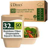Dtocs Bamboo Fiber Disposable Bowls - 32 Oz, 50 Pk | Bamboo Square Bowl | Microwavable Bagasse Bowl like Soup, Cake, Salsa, Salad bowls | Disposable