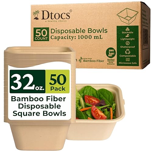 Dtocs Bamboo Fiber Disposable Bowls - 32 Oz, 50 Pk | Bamboo Square Bowl | Microwavable Bagasse Bowl like Soup, Cake, Salsa, Salad bowls | Disposable