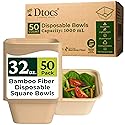 Dtocs Bamboo Fiber Disposable Bowls - 32 Oz, 50 Pk | Bamboo Square Bowl | Microwavable Bagasse Bowl like Soup, Cake, Salsa, Salad bowls | Disposable