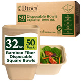 Dtocs Bamboo Fiber Disposable Bowls - 32 Oz, 50 Pk | Bamboo Square Bowl | Microwavable Bagasse Bowl like Soup, Cake, Salsa, Salad bowls | Disposable