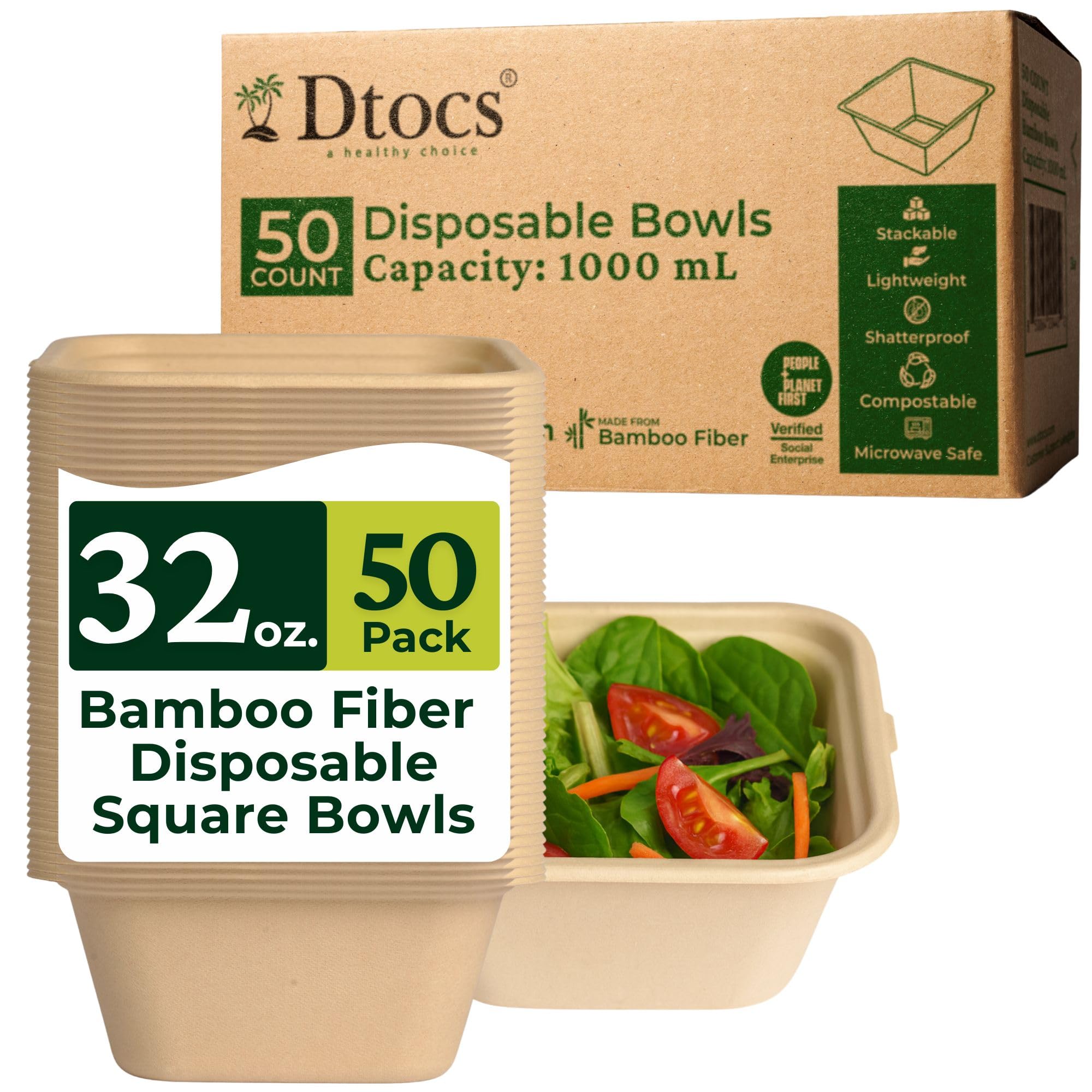 Dtocs Bamboo Fiber Disposable Bowls - 32 Oz, 50 Pk | Bamboo Square Bowl | Microwavable Bagasse Bowl like Soup, Cake, Salsa, Salad bowls | Disposable