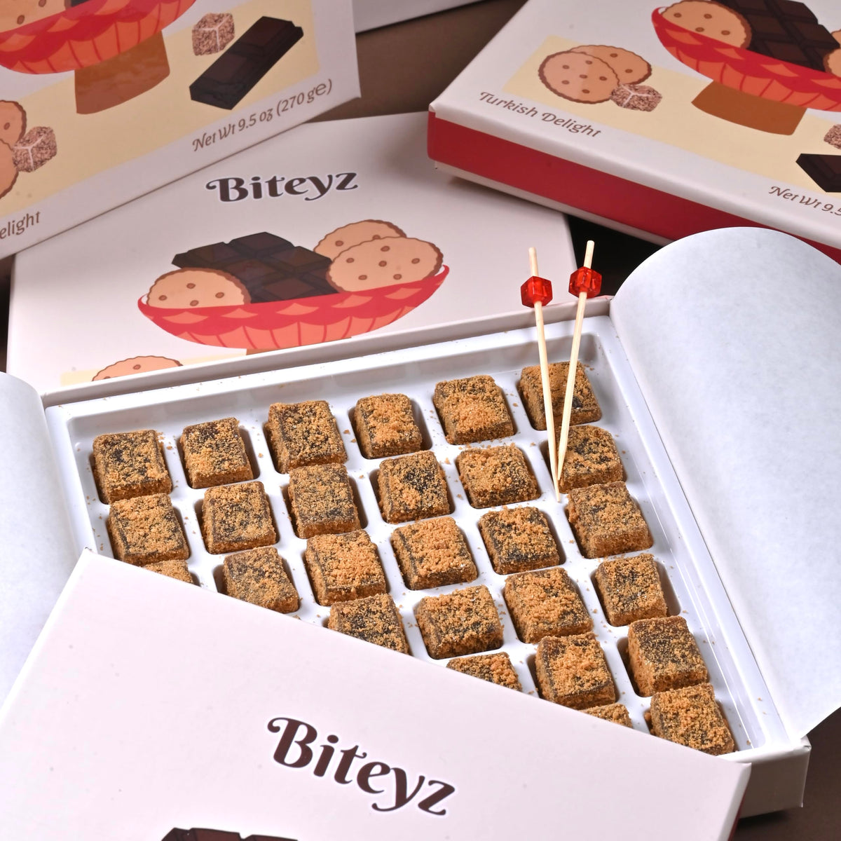 Biteyz Goldie Turkish Delight, Candy Gift Box - Gourmet Treats, Chocolate Flavored Turkish Delight Coated with Caramelized Cookie Crumbs, 36 Pieces
