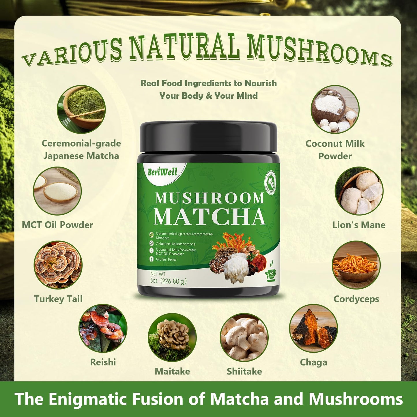Mushroom Matcha Powder, Japanese Ceremonial Matcha Infused With 7 Superfood Mushrooms, MCT Oil, Coconut Milk Powder, Natural, Gluten Free, Taste Great
