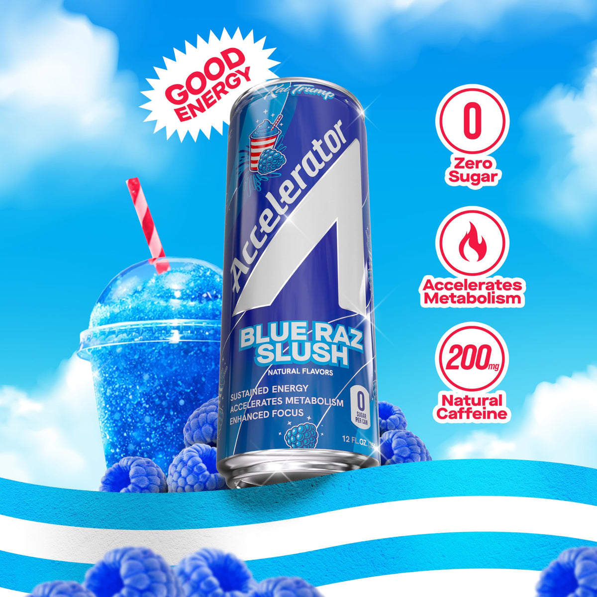 Accelerator Active Energy Drink, Blue Raz Slush 12oz can (12 pack)