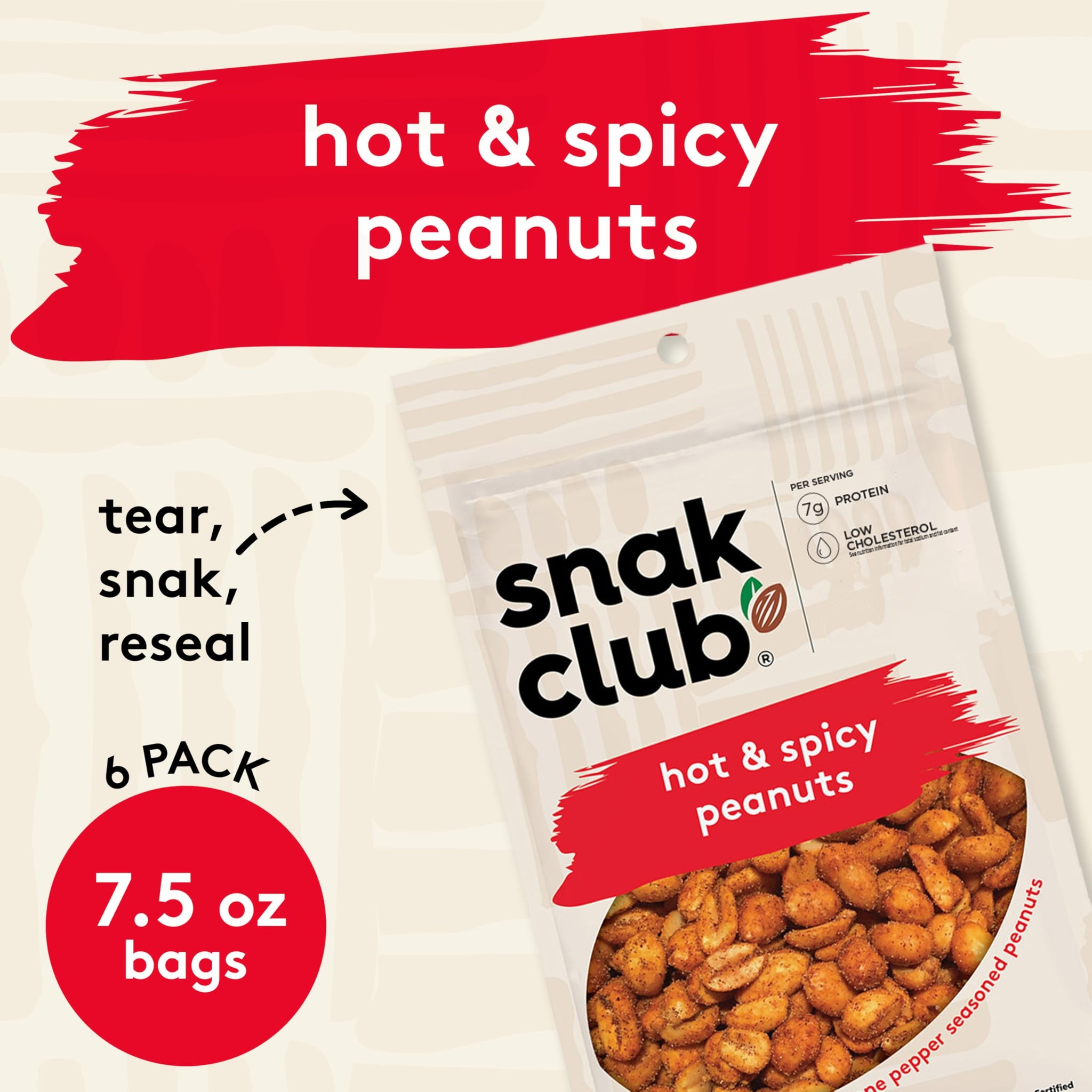 Snak Club Hot and Spicy Peanuts, Chili and Cayenne Pepper Seasoned Nuts, Gluten-Free and Kosher Snack, 7.5 oz Resealable Bags, 6 Pack