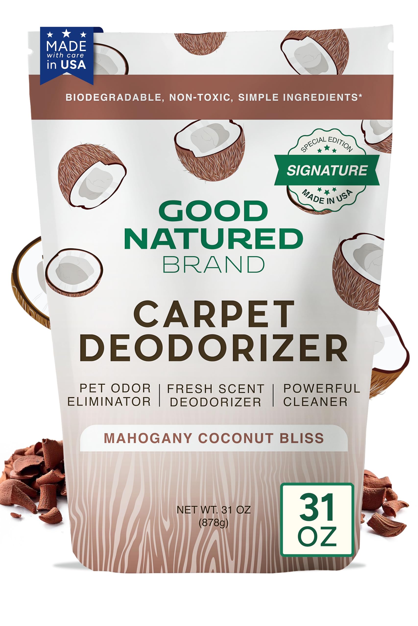 Good Natured Brand | Carpet Deodorizer & Freshener Powder | 31 oz Pet Odor Eliminator for Strong Odor & Pet Urine | Fresh Natural Mahogany Coconut