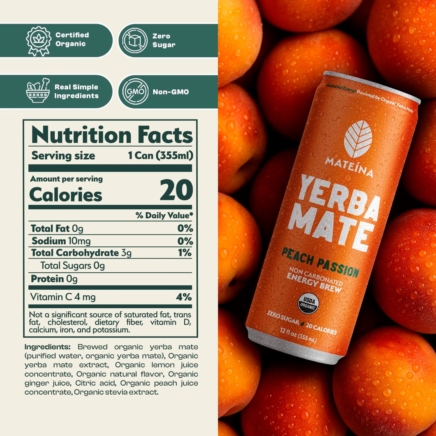 Mateina Yerba Mate Zero Sugar Energy Drink - 120mg Natural Caffeine - Organic, Non-GMO, Non-Carbonated - Dr. Andrew Huberman Recommended - (12 fl oz