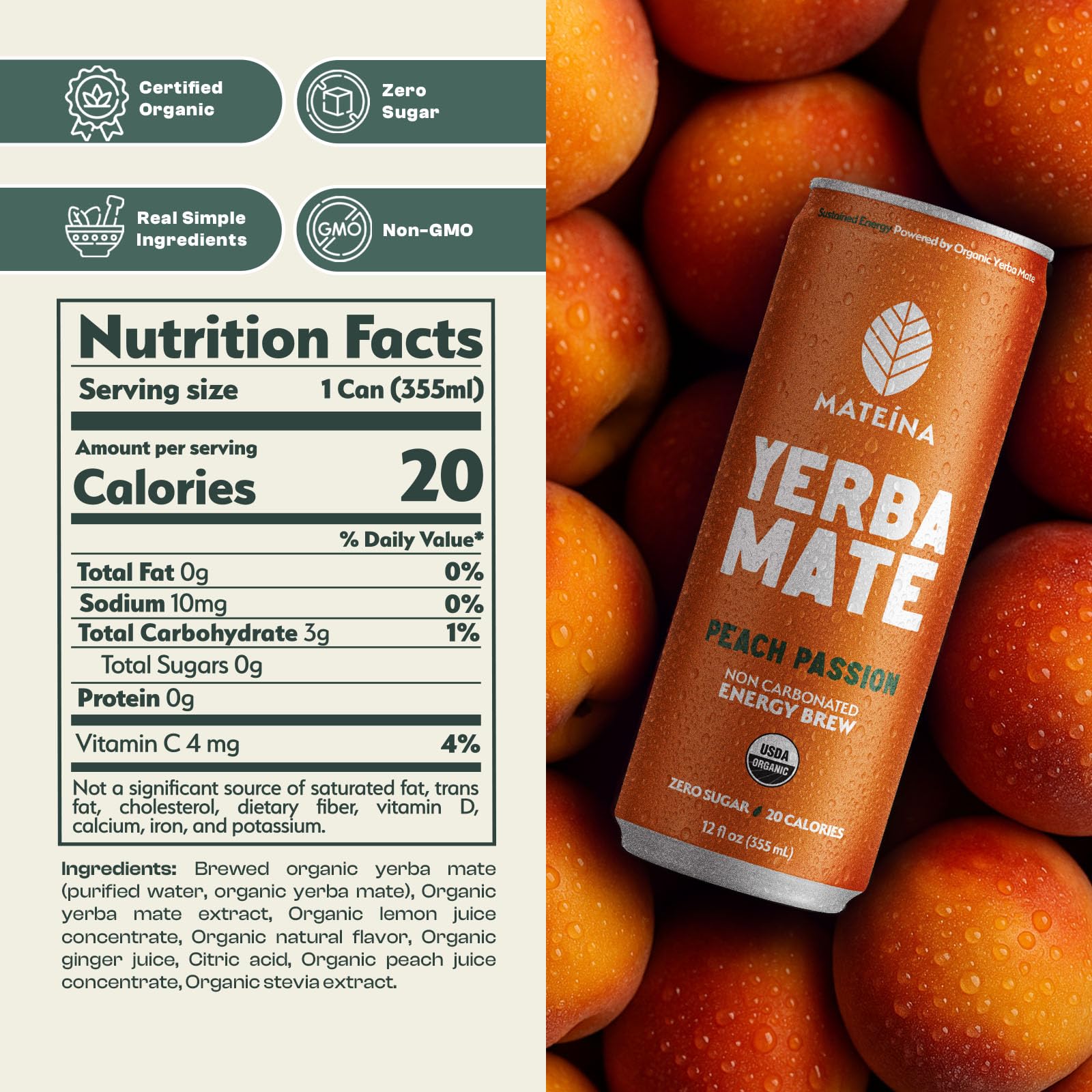 Mateina Yerba Mate Zero Sugar Energy Drink - 120mg Natural Caffeine - Organic, Non-GMO, Non-Carbonated - Dr. Andrew Huberman Recommended - (12 fl oz