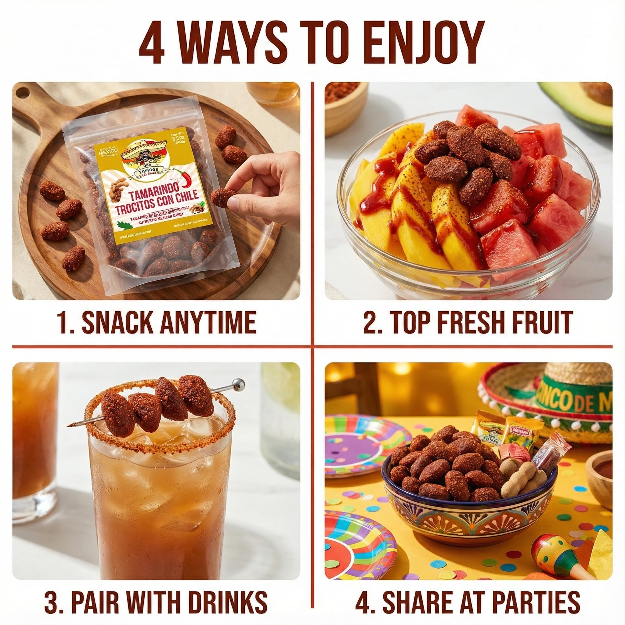 Tamarindo De Frutas Con Chile, Authentic Mexican Tamarind Candy with Chili, Sweet, Tangy and Spicy. Dulce De Tamarindo 8.5 oz. Contains Seed. Bag by