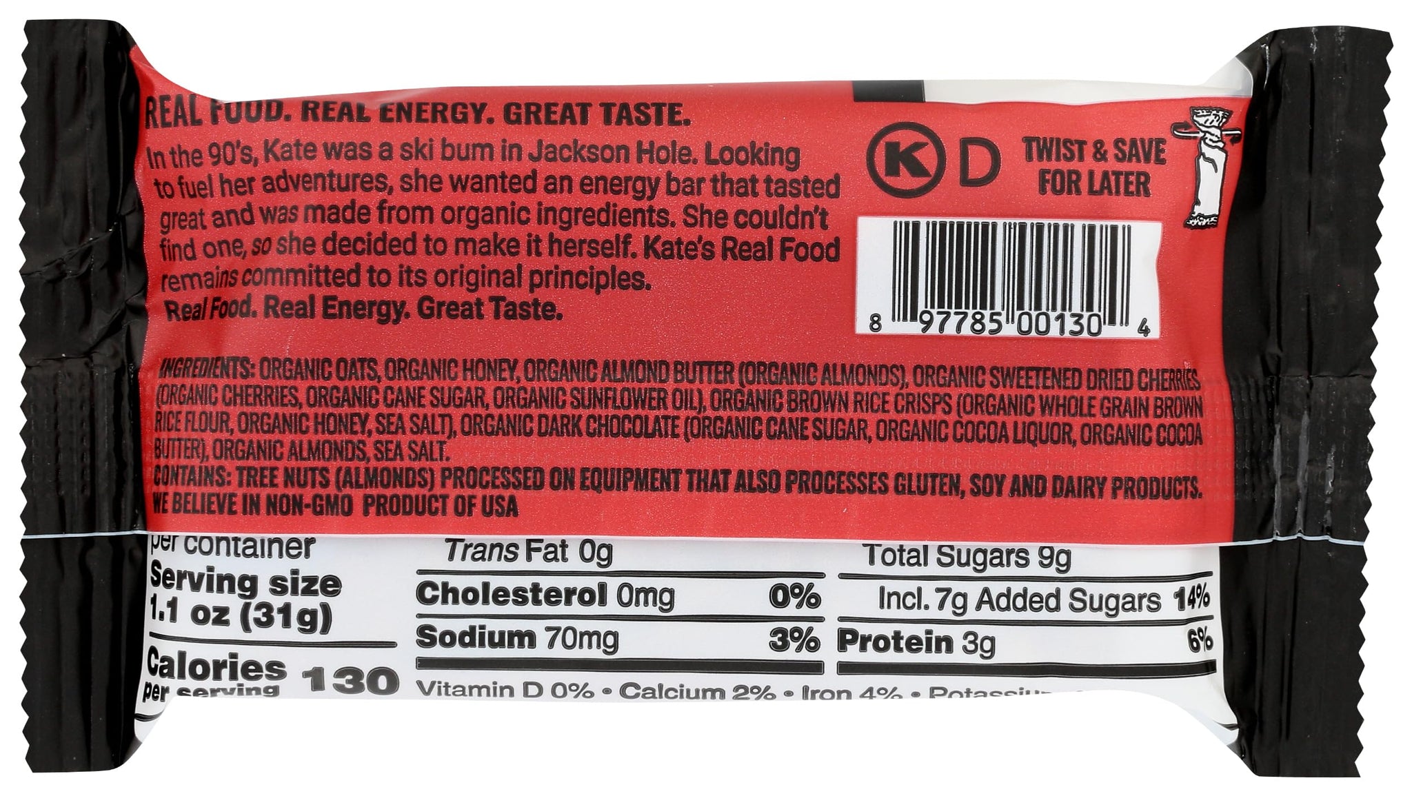 Kates Real Food Organic Dark Chocolate Cherry & Almond Handle Bar, 2.2 OZ
