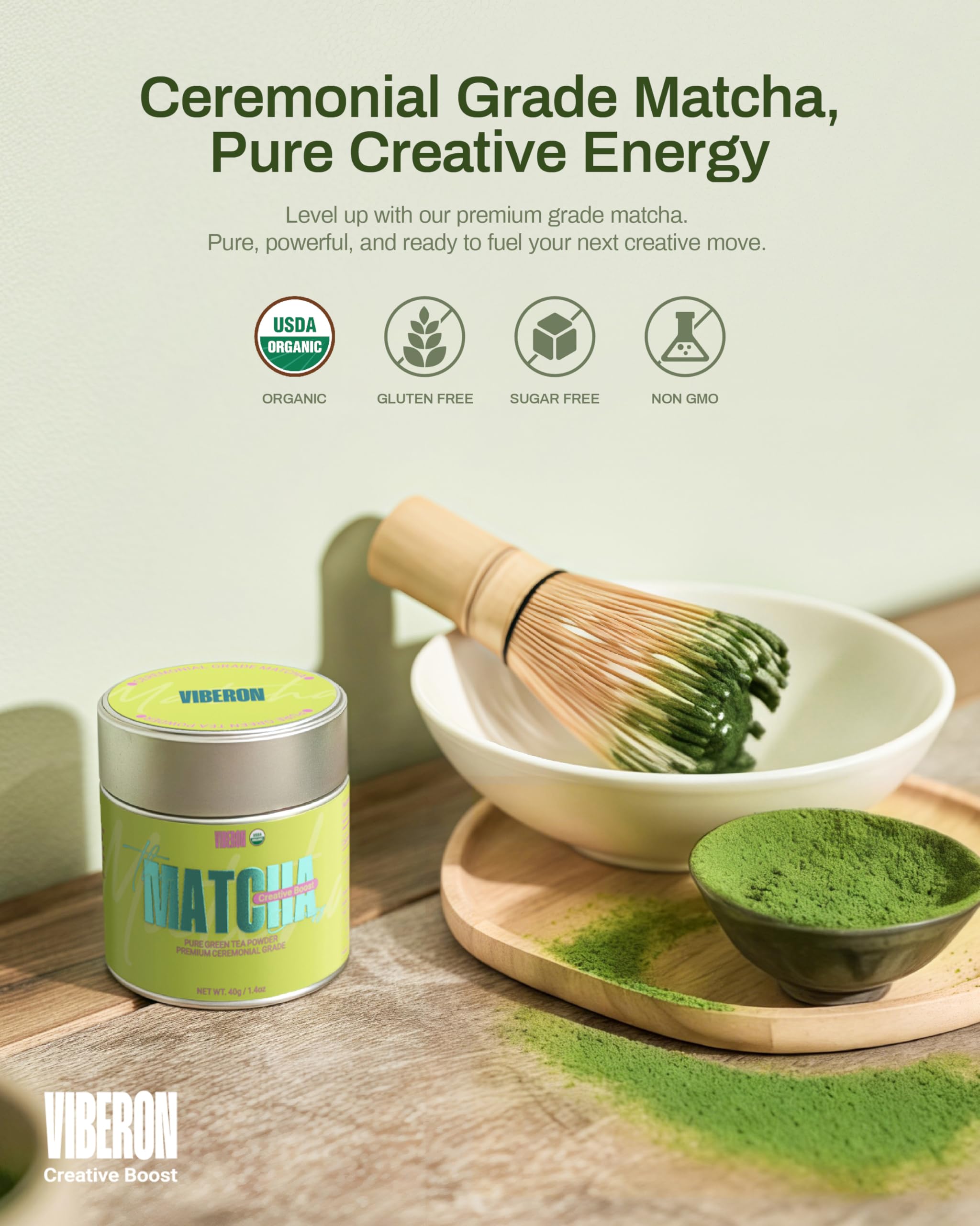 Viberon Organic Ceremonial Matcha Green Tea Powder - Premium Ceremonial Grade, USDA Certified, First Spring Harvest, 100% Pure - Sugar Free, Gluten