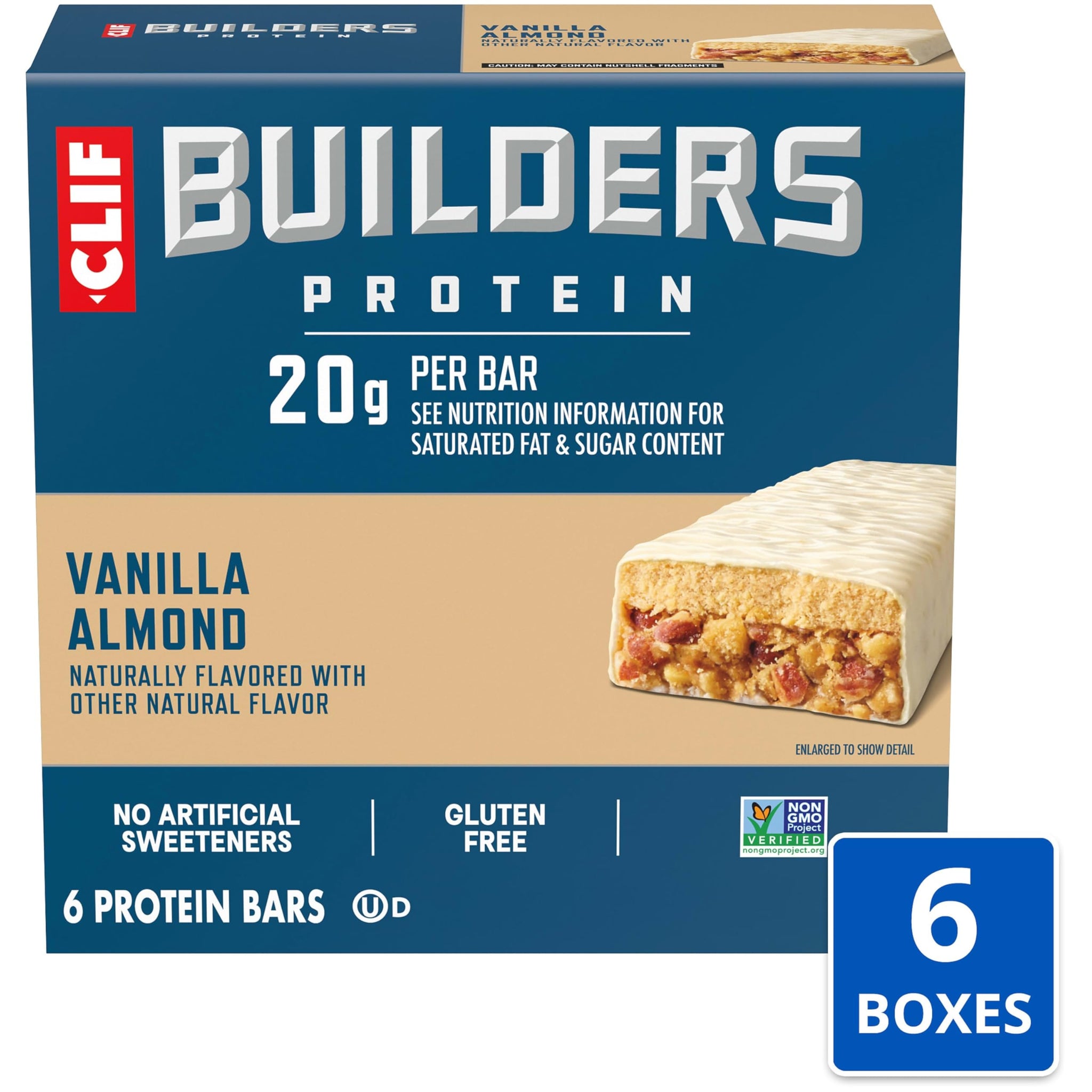 CLIF BUILDERS Protein Bars - Vanilla Almond Flavor - 20g Plant Based Protein - Gluten Free - Non-GMO - Low Glycemic - No Artificial Sweeteners - 2.4