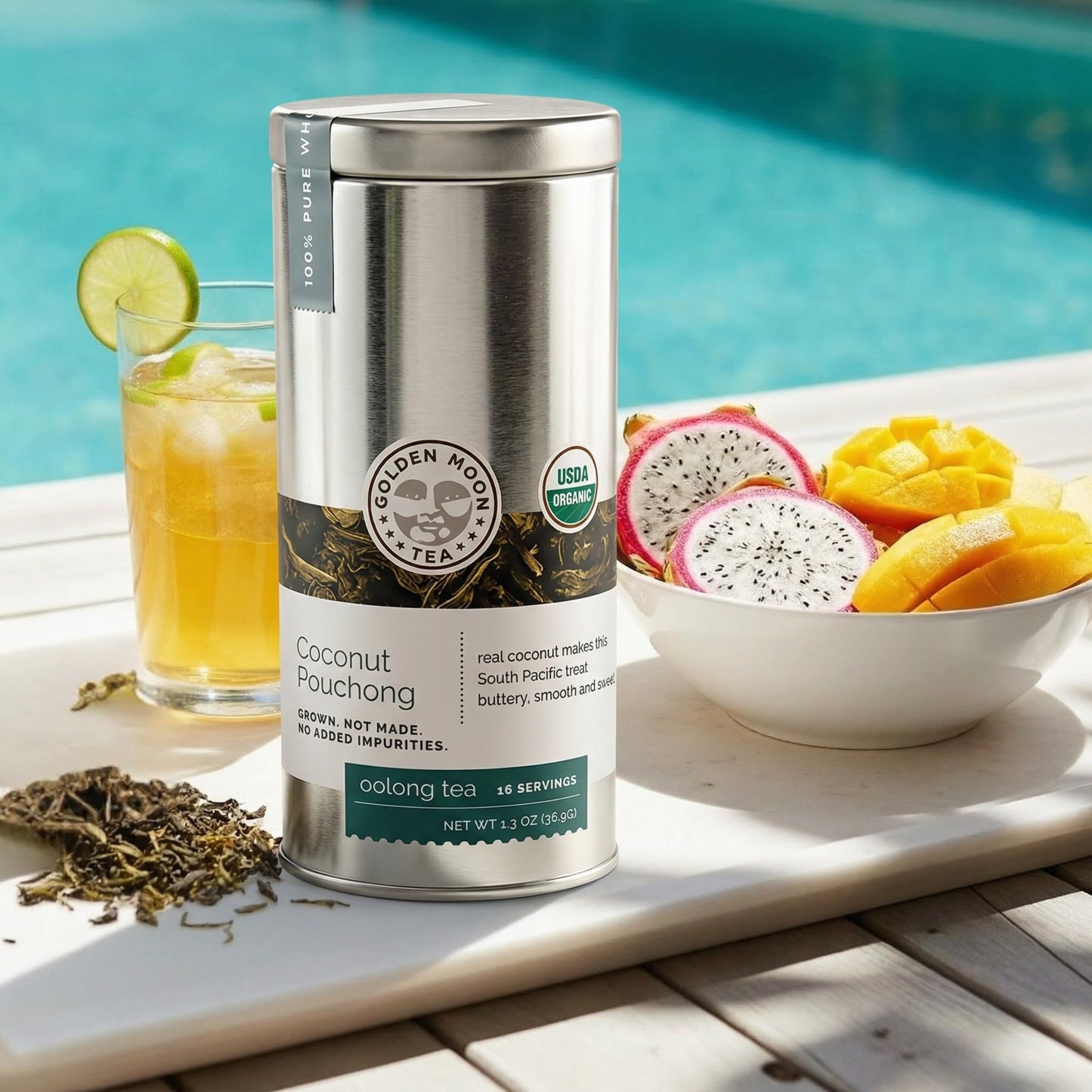 Golden Moon Tea Coconut Pouchong Green Tea - Loose Leaf, Non GMO - Travel Tin (16 Servings)