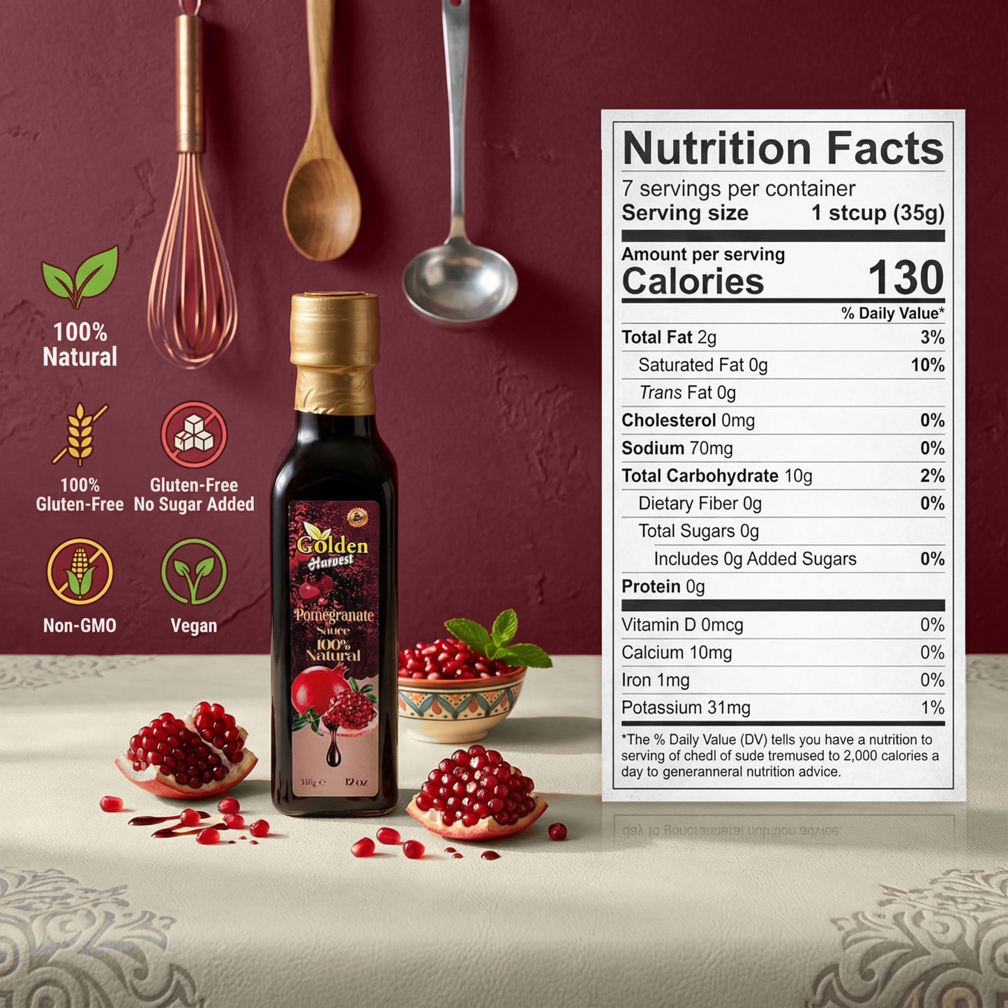 Golden Pomegranate Sauce Molasses - No Sugar Added - Non GMO, Gluten Free & Vegan - 100% Natural Pomegranate Syrup for Drinks, Salads & Toppings