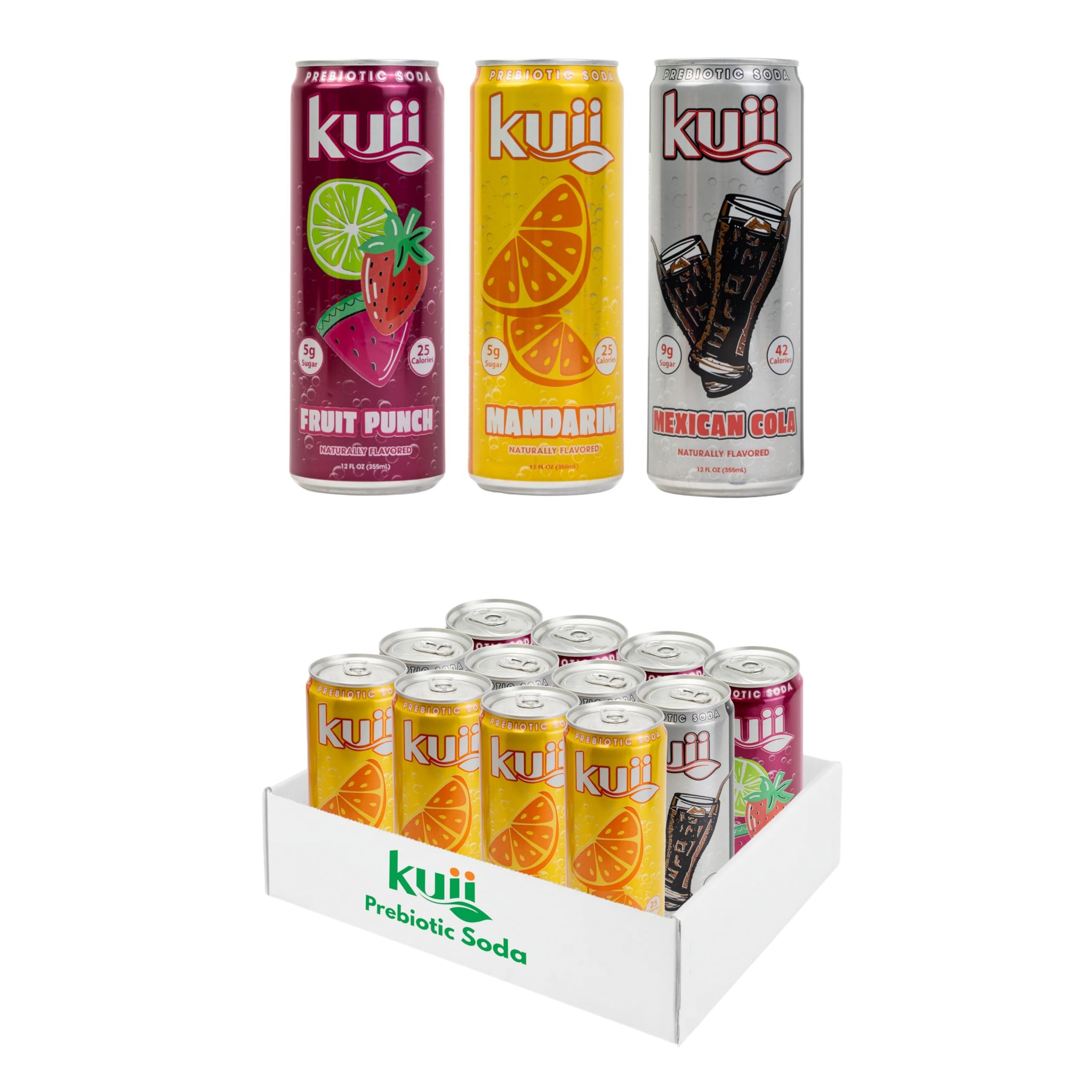 Kuii Prebiotic Soda Variety Pack - 12 Count with Mexican Cola, Mandarin & Fruit Punch Flavors - Sparkling Gut-Friendly Drinks for Refreshing